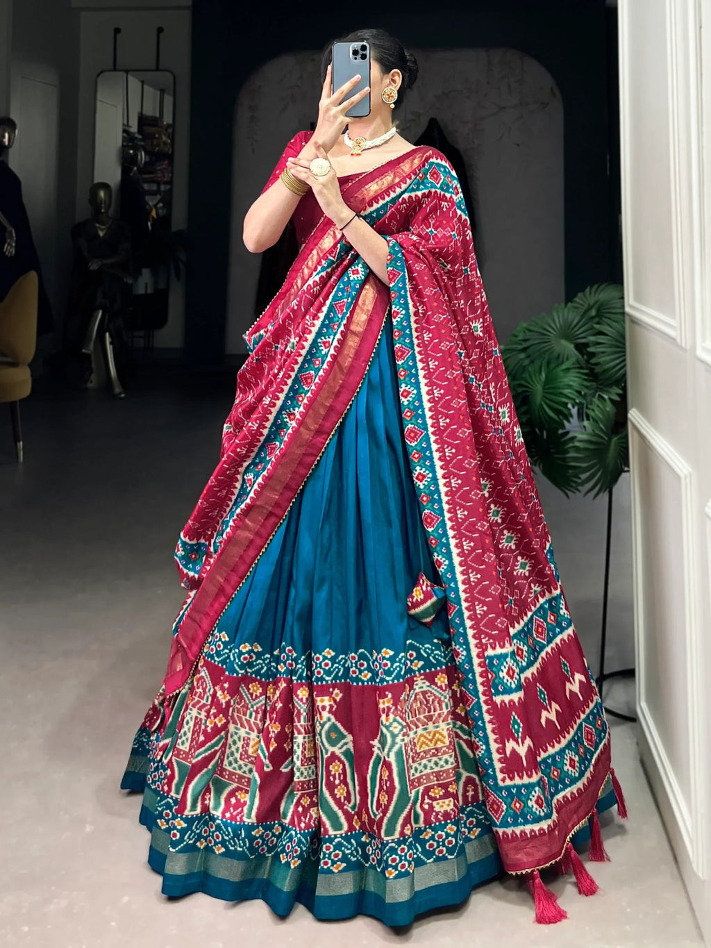 Teal Alluring Patola Printed Tussar Silk Traditional Lehenga Choli