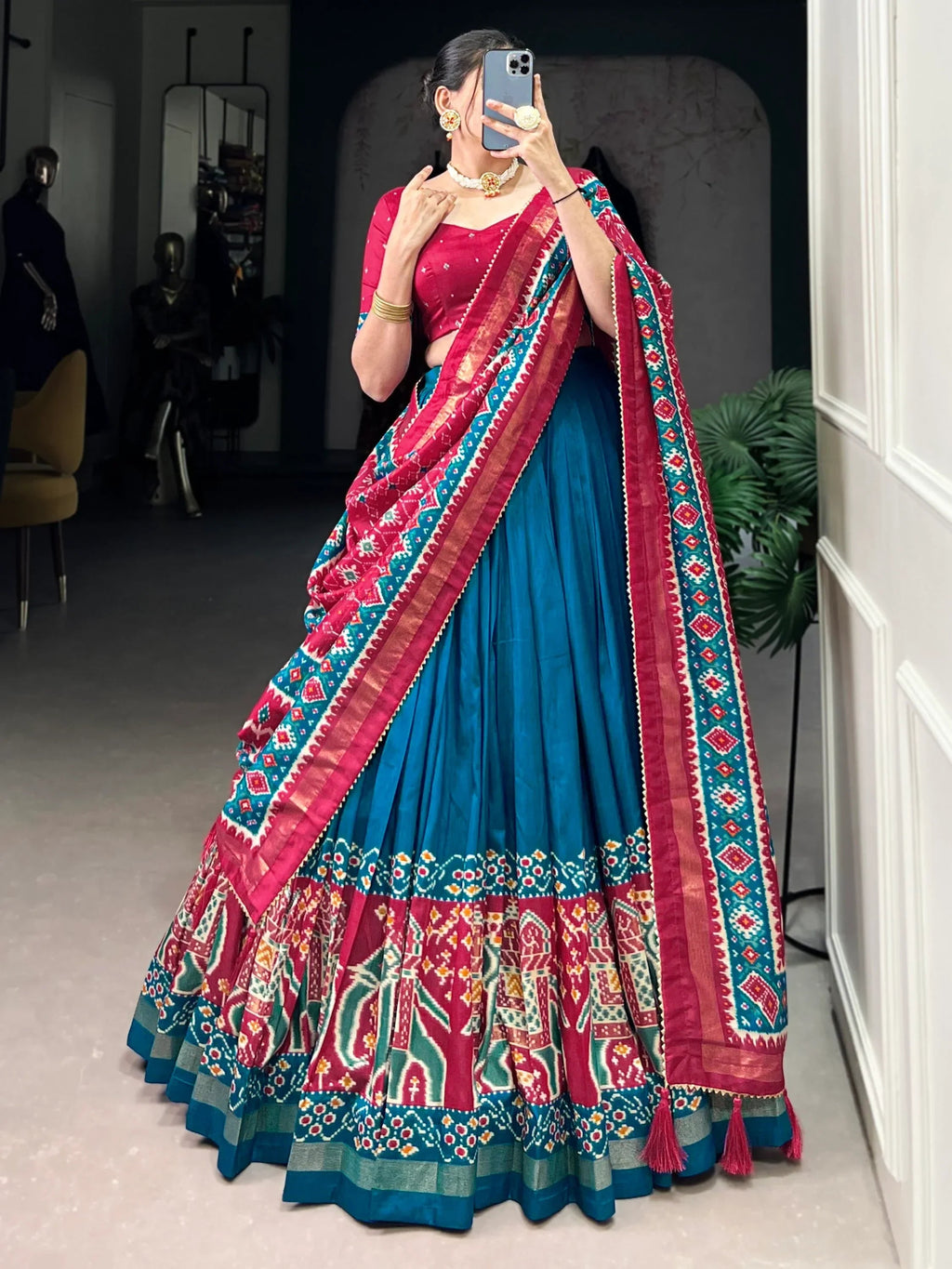 Teal Alluring Patola Printed Tussar Silk Traditional Lehenga Choli