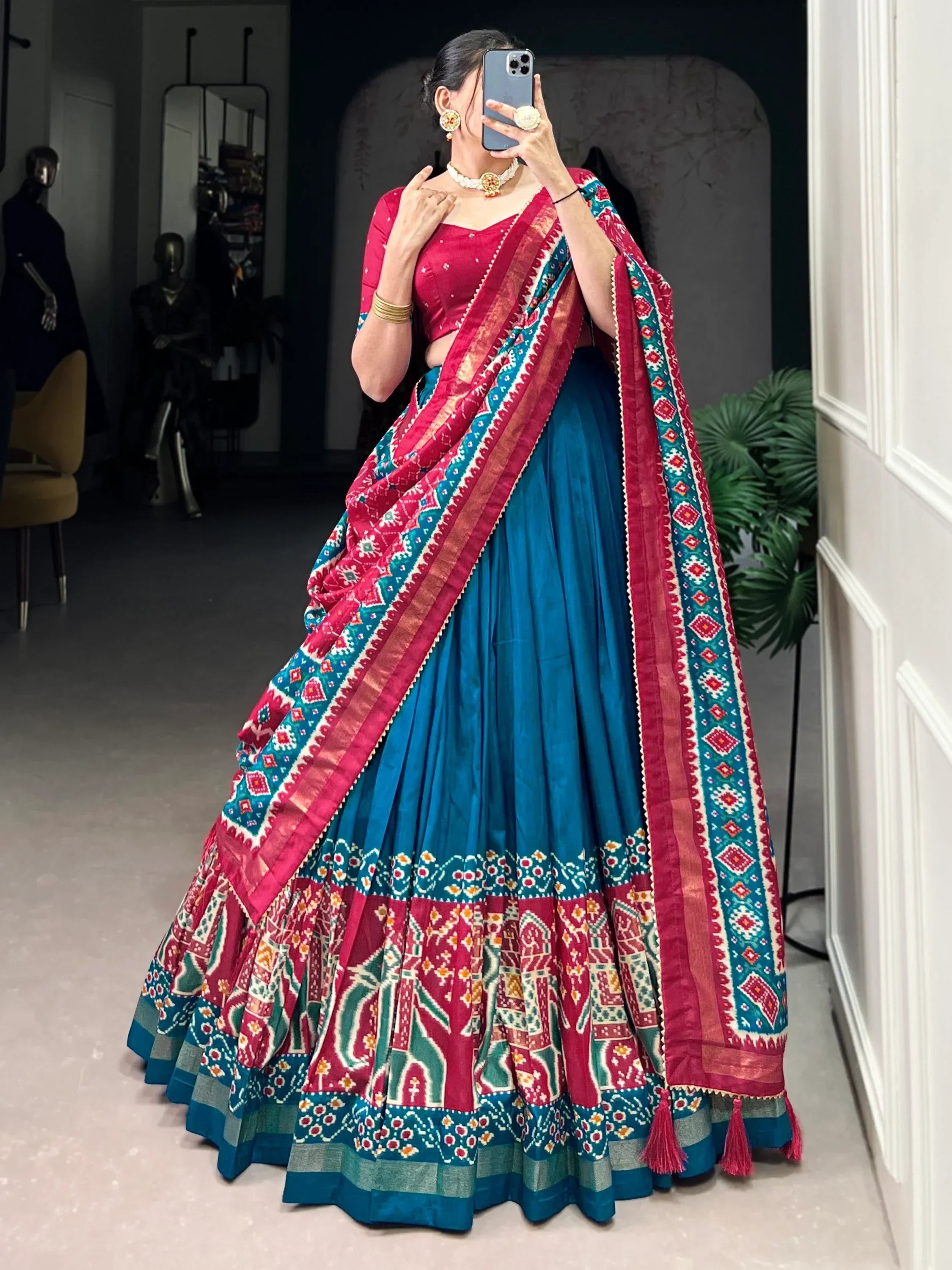 Teal Alluring Patola Printed Tussar Silk Traditional Lehenga Choli