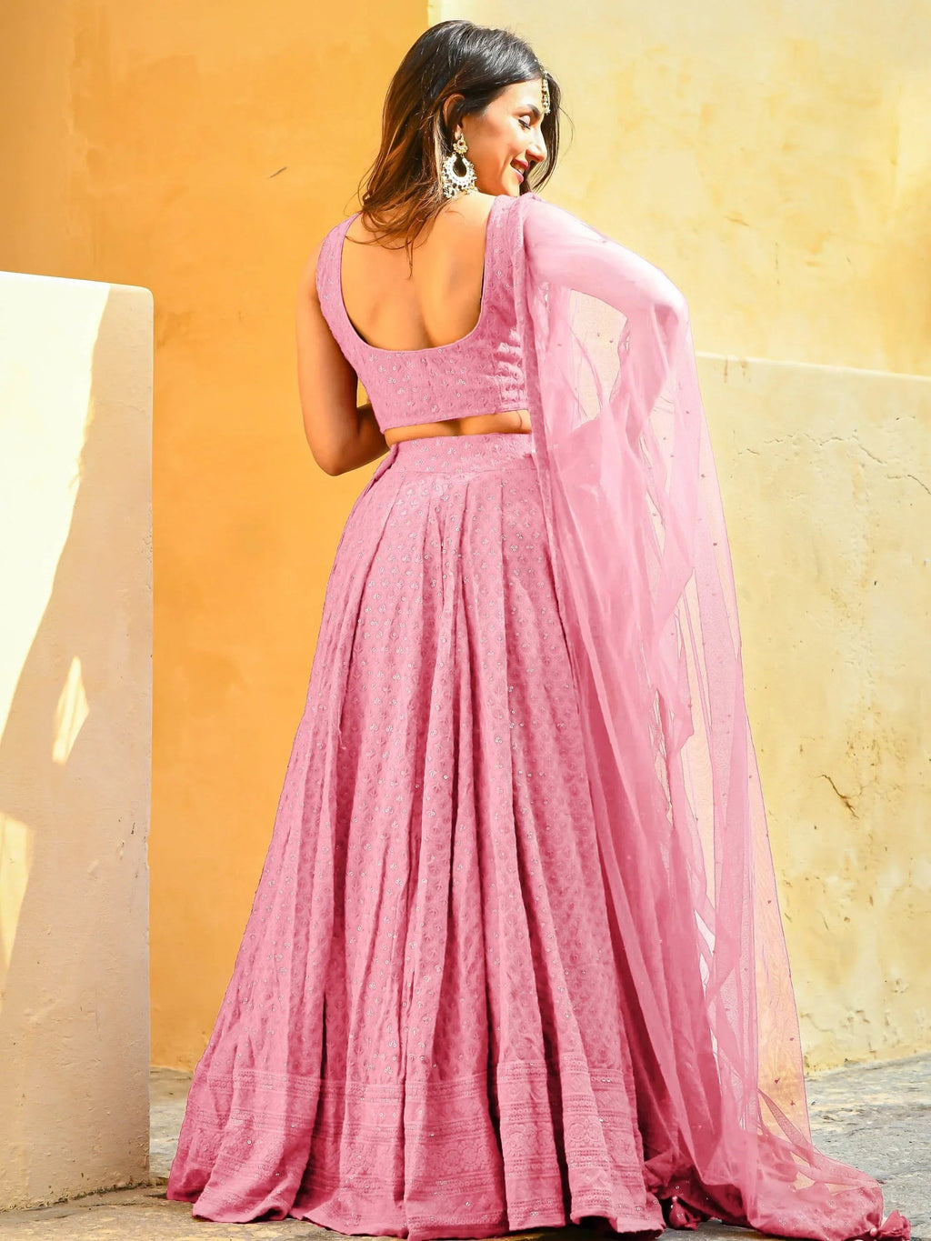 Baby Pink Sweet Sequins Georgette Reception Wear Lehenga Choli