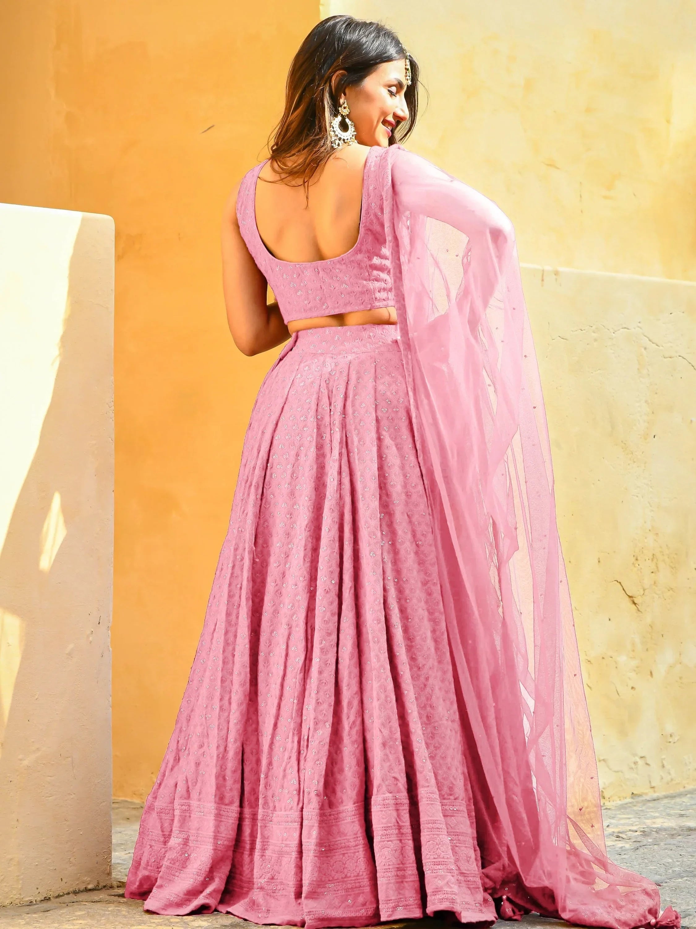 Baby Pink Sweet Sequins Georgette Reception Wear Lehenga Choli