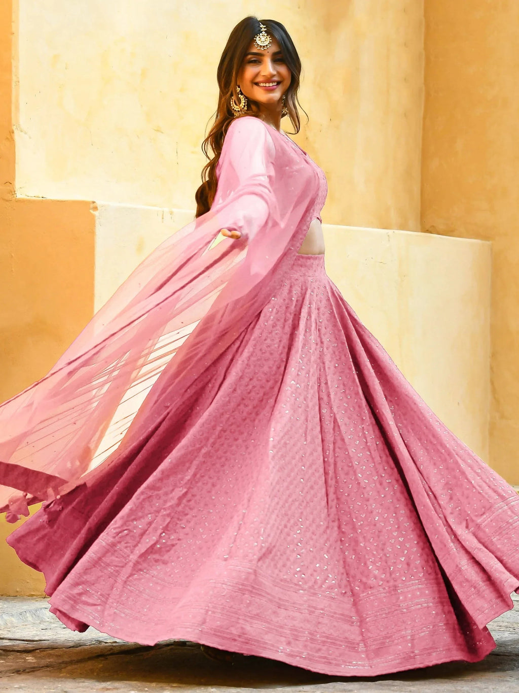 Baby Pink Sweet Sequins Georgette Reception Wear Lehenga Choli