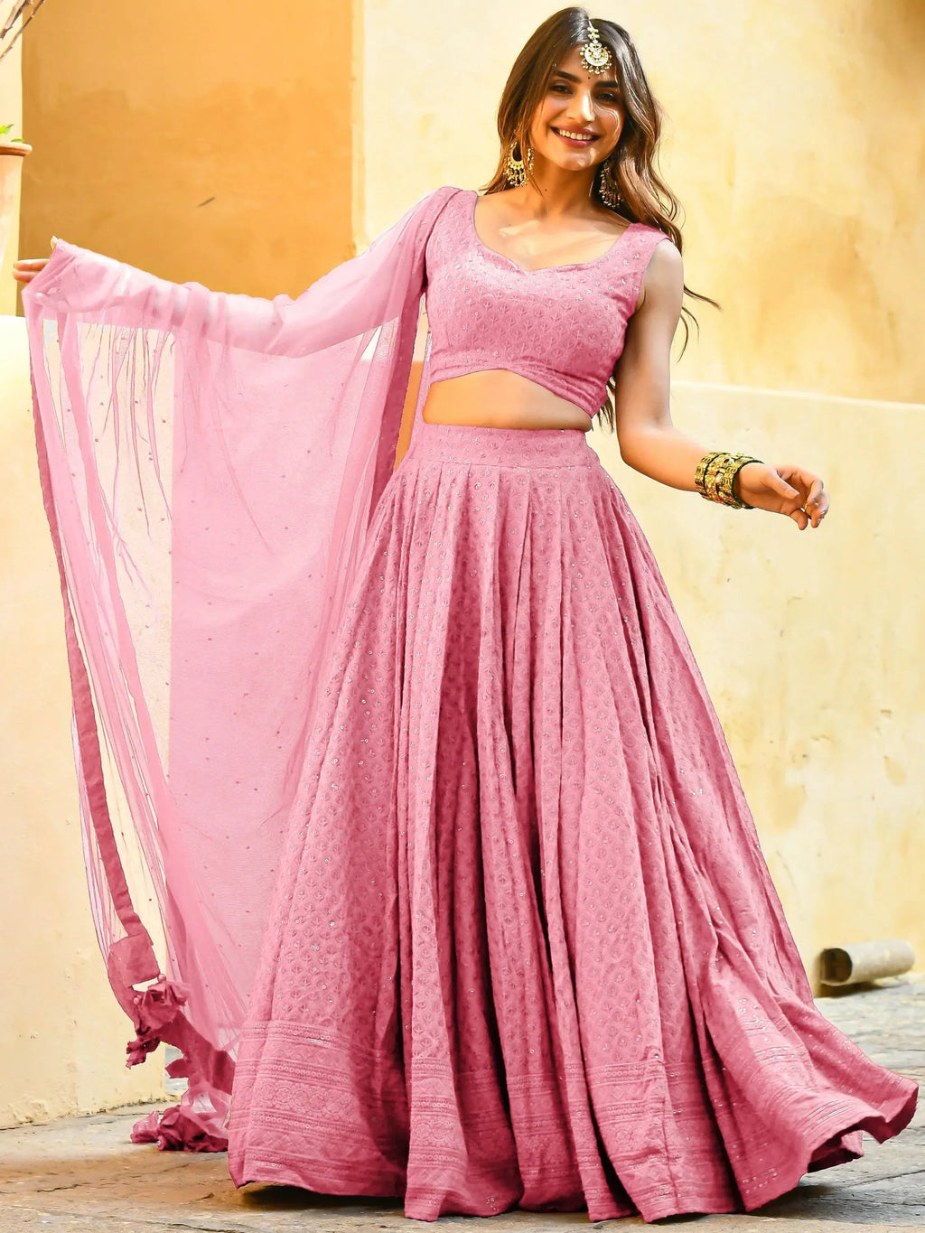 Baby Pink Sweet Sequins Georgette Reception Wear Lehenga Choli