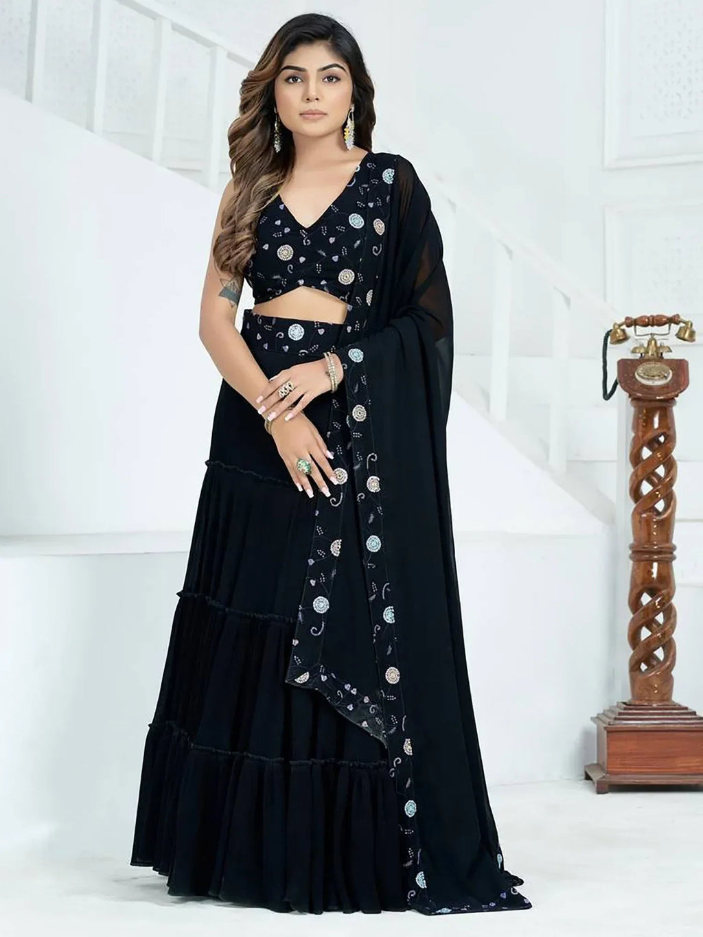 Fascinating Black Georgette Party Wear Lehenga With Embroidered Choli
