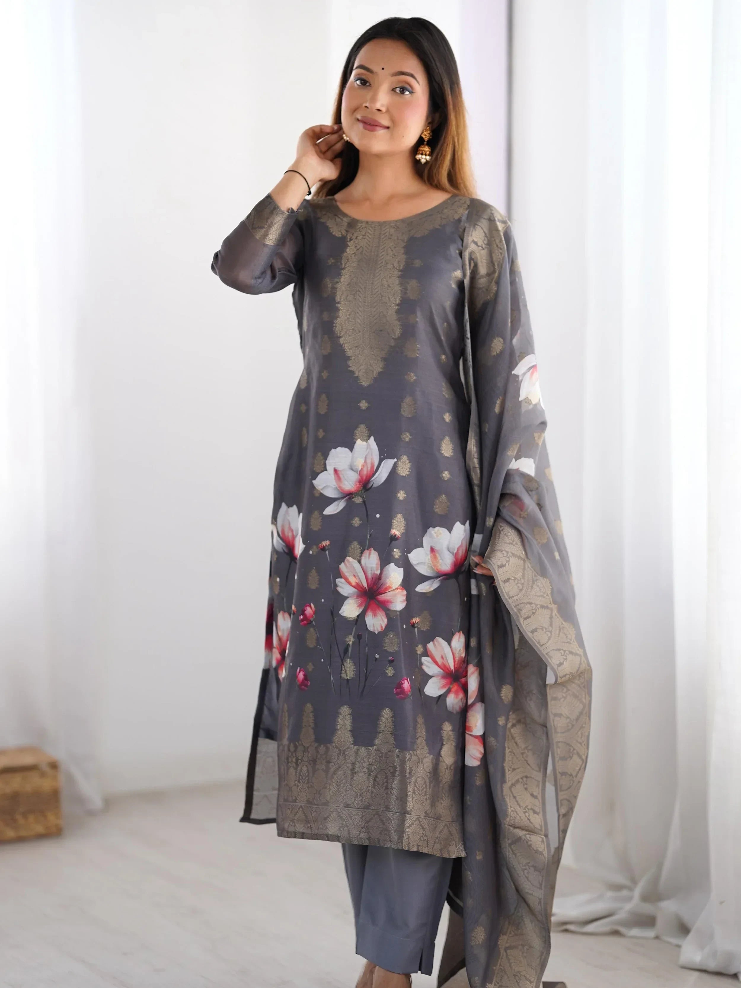 Black Fascinating Organza Digital Printed Traditional Straight Suit
