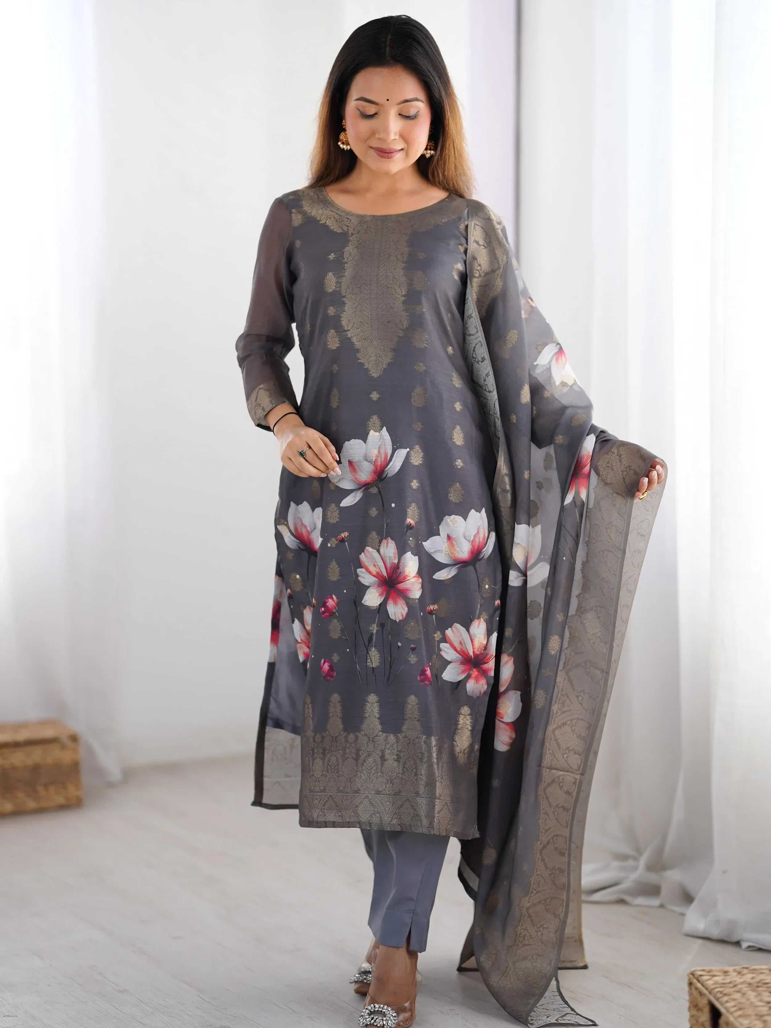 Black Fascinating Organza Digital Printed Traditional Straight Suit