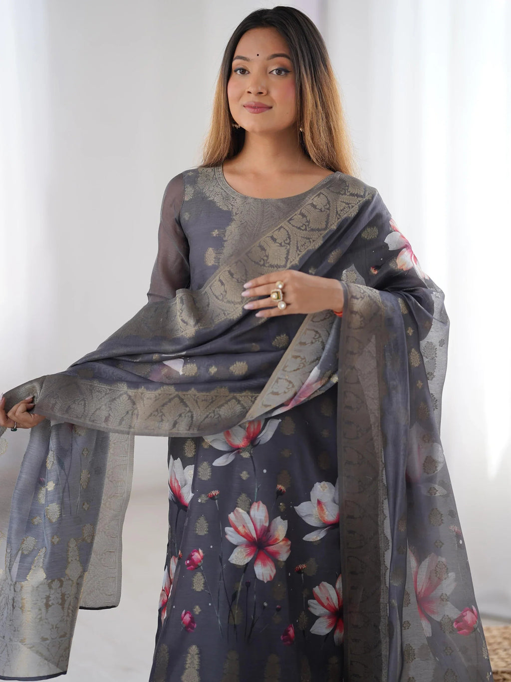 Black Fascinating Organza Digital Printed Traditional Straight Suit