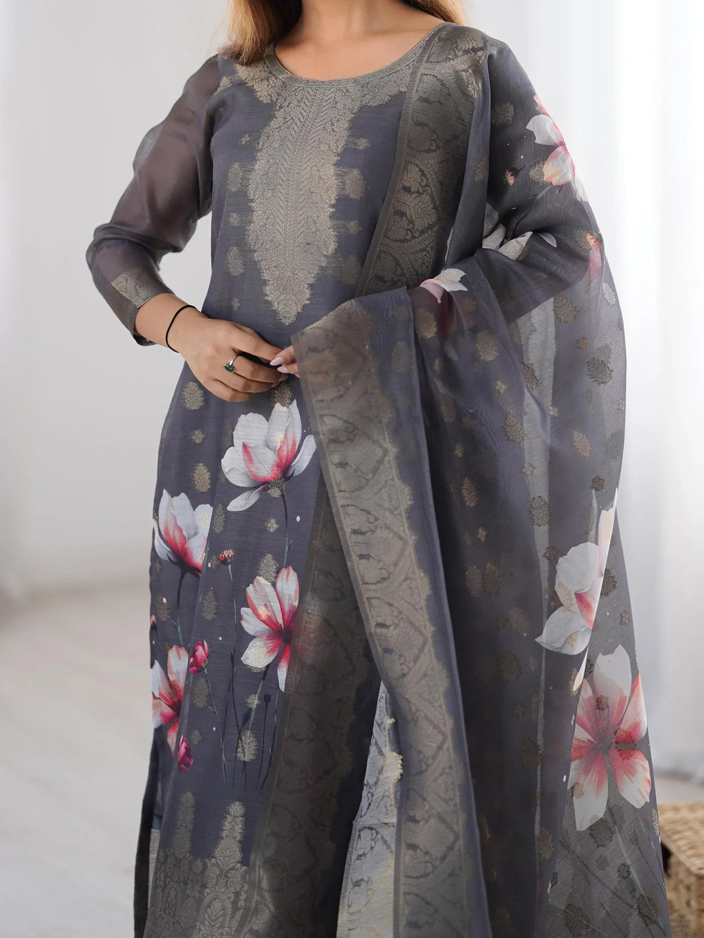 Black Fascinating Organza Digital Printed Traditional Straight Suit