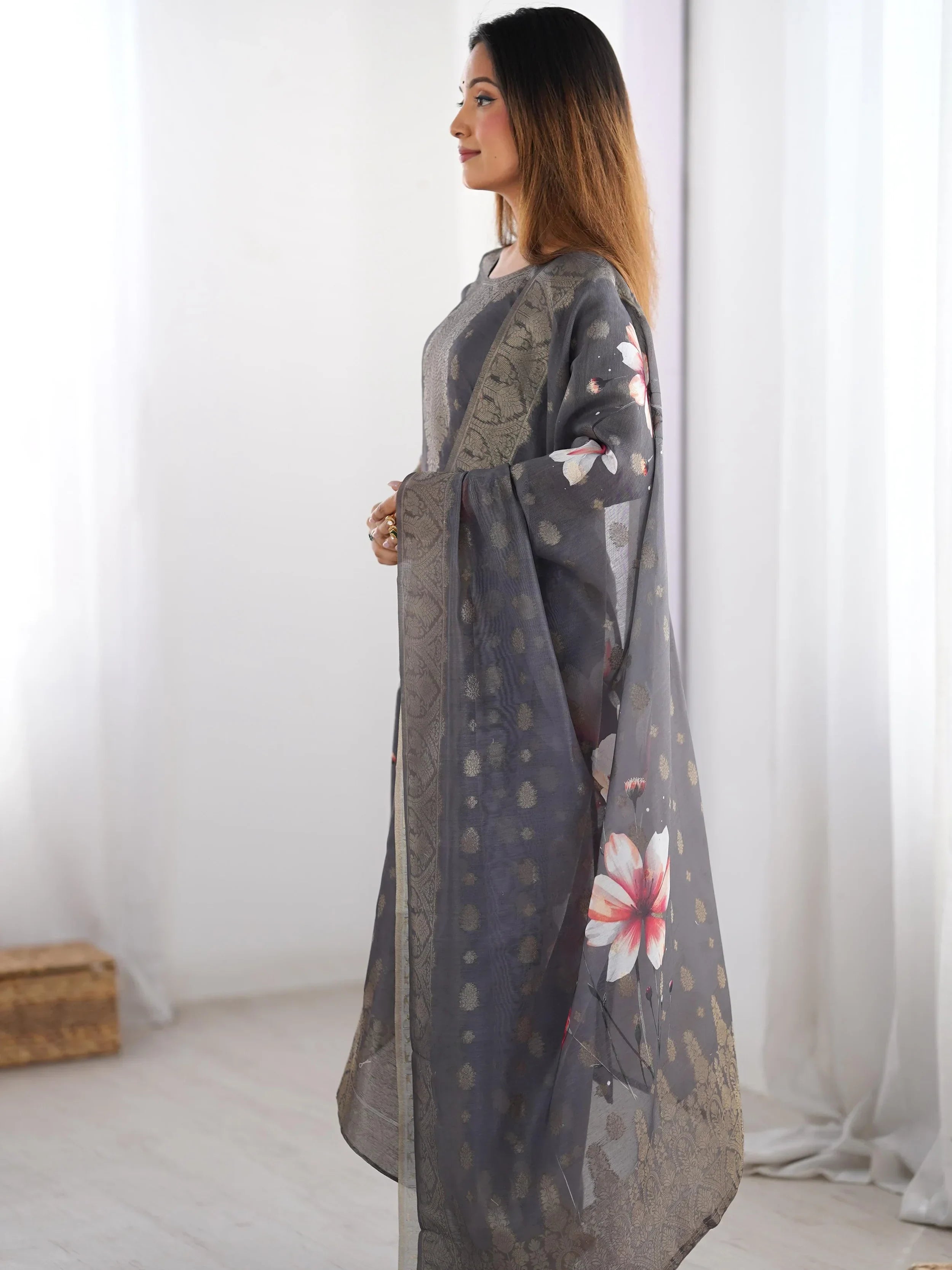 Black Fascinating Organza Digital Printed Traditional Straight Suit