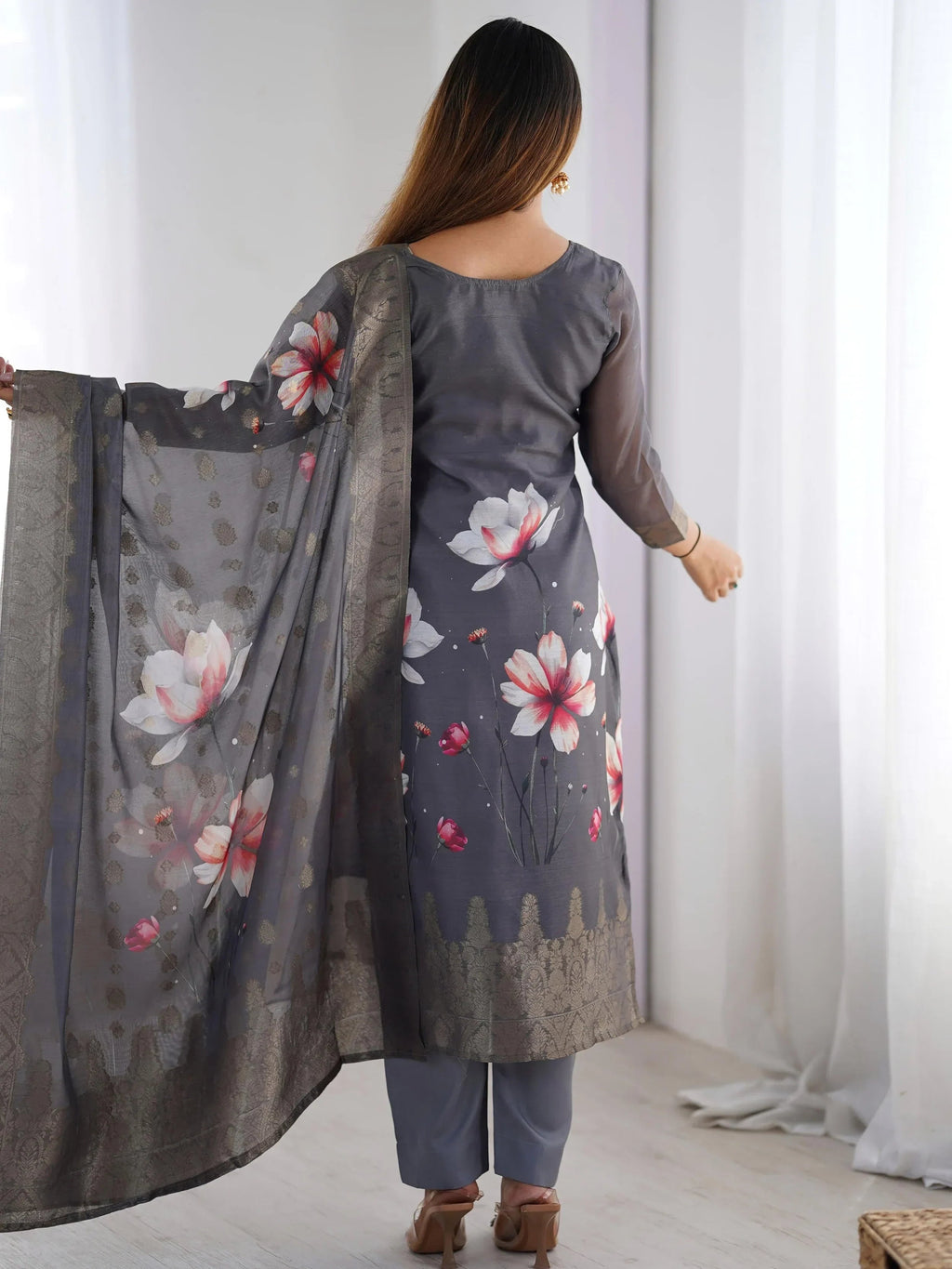 Black Fascinating Organza Digital Printed Traditional Straight Suit