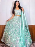 Fascinating Blue Sequins Net Reception Wear Lehenga Choli With Dupatta