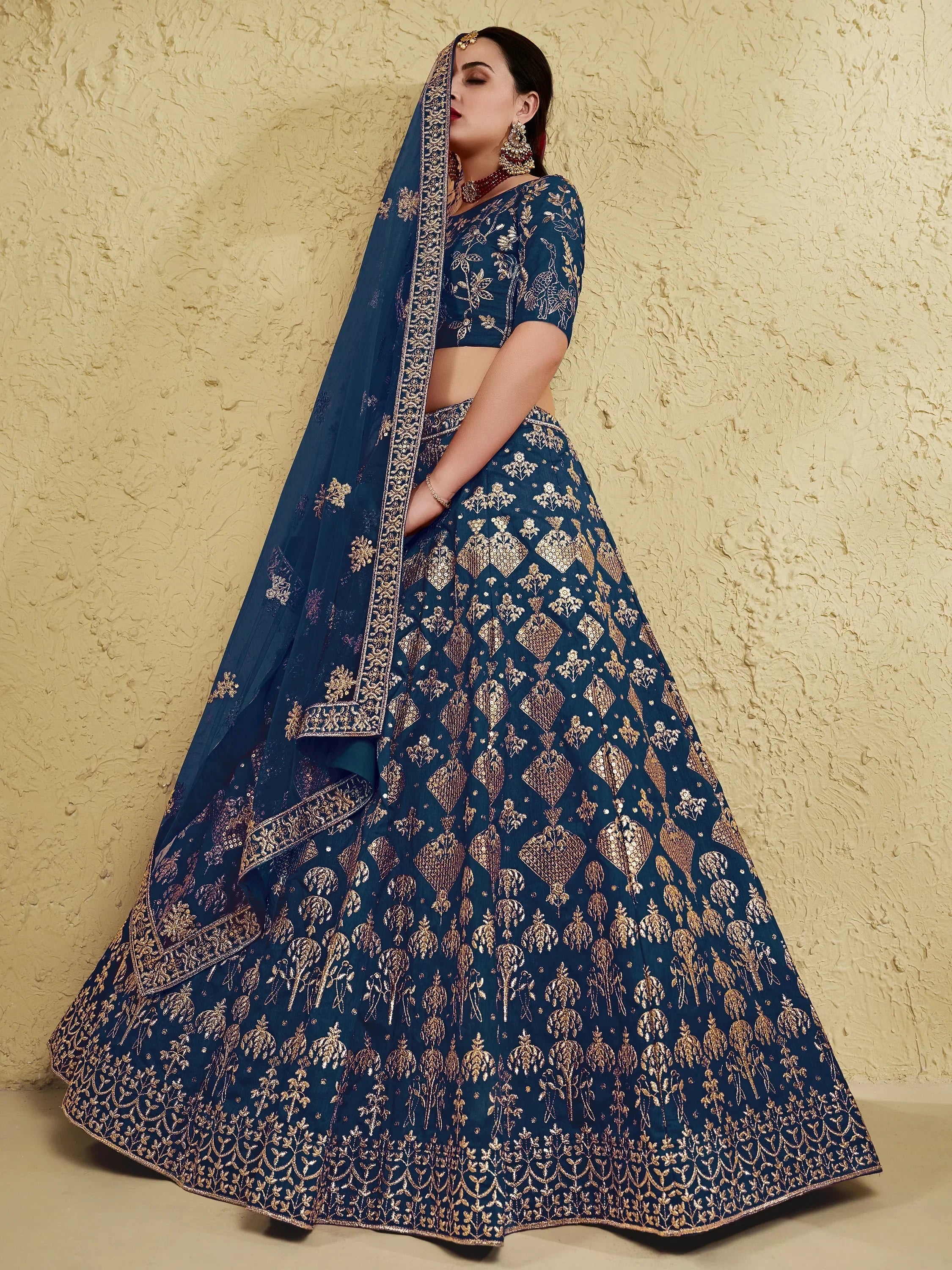 Blue Fascinating Embroidered Silk Bridal Lehenga Choli With Dupatta