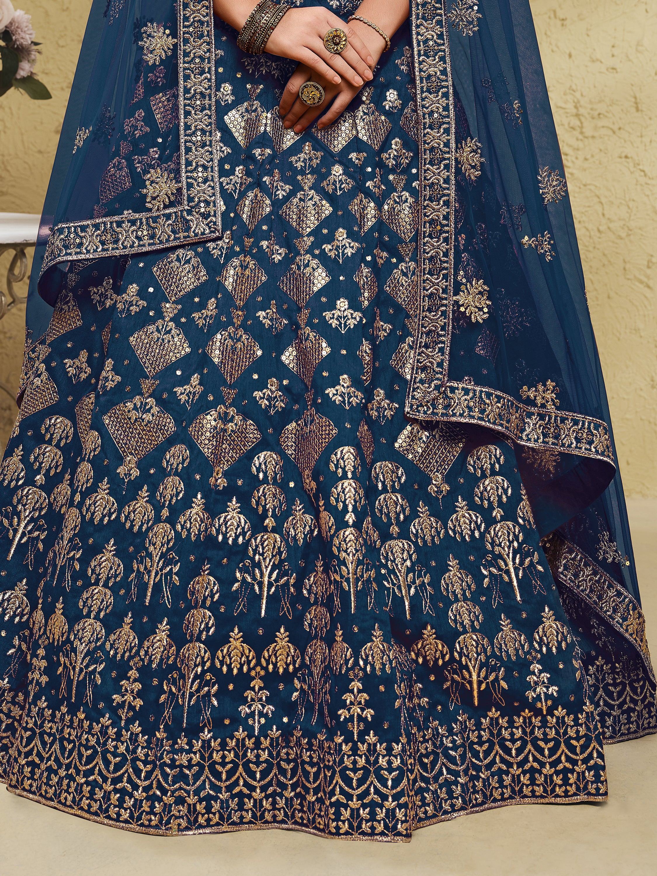 Blue Fascinating Embroidered Silk Bridal Lehenga Choli With Dupatta