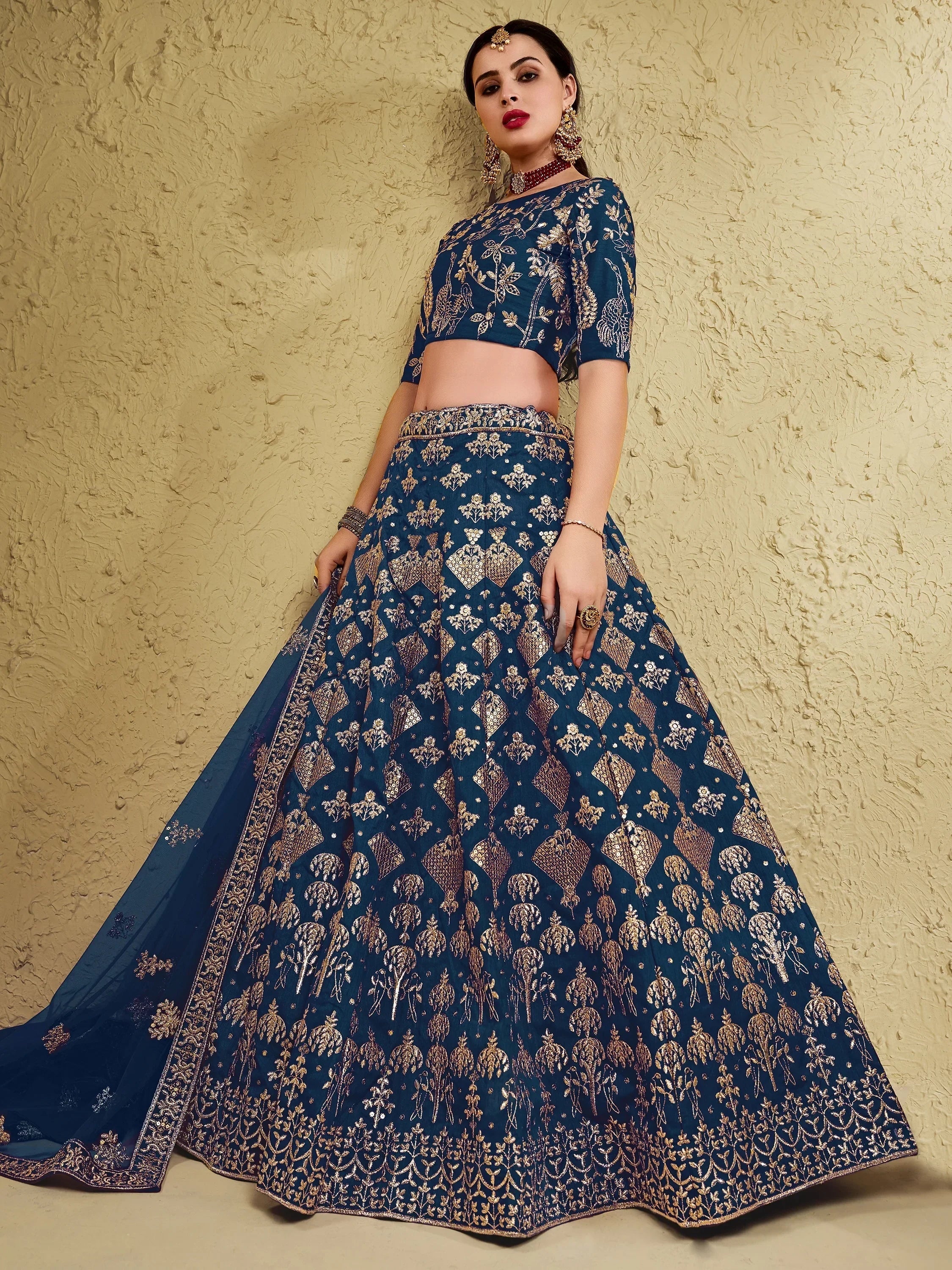 Blue Fascinating Embroidered Silk Bridal Lehenga Choli With Dupatta