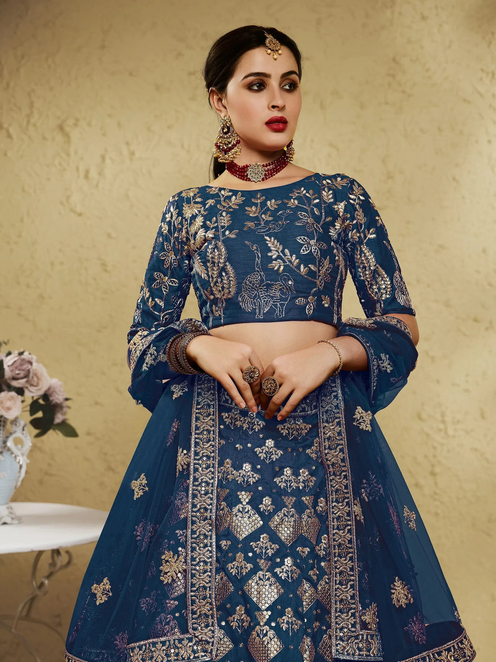 Blue Fascinating Embroidered Silk Bridal Lehenga Choli With Dupatta