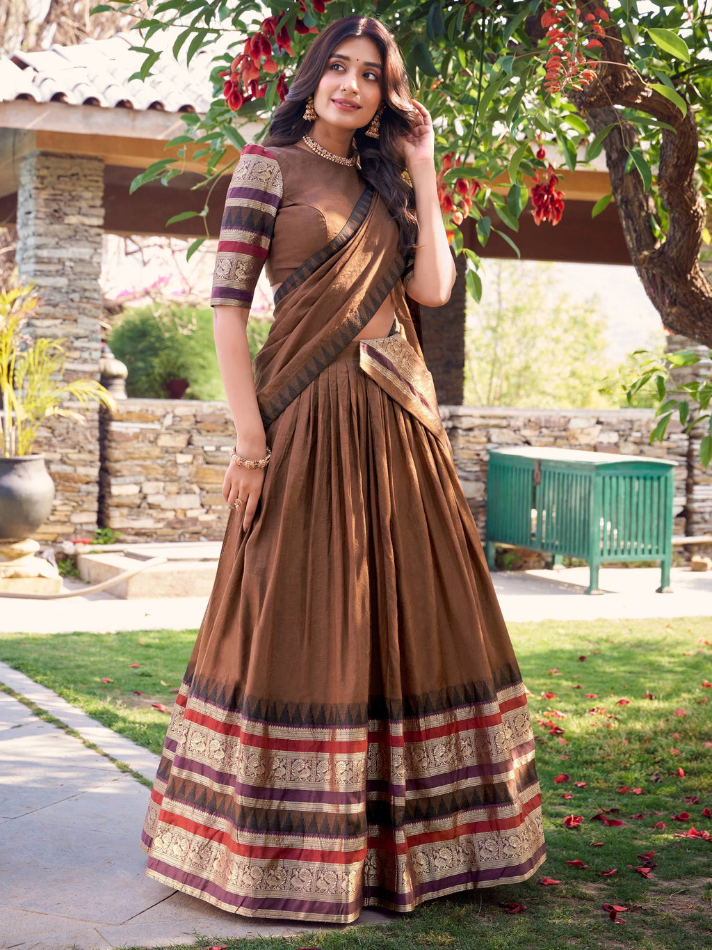 Brown Pretty Chanderi Silk Zari Weaving Wedding Wear Lehenga Choli