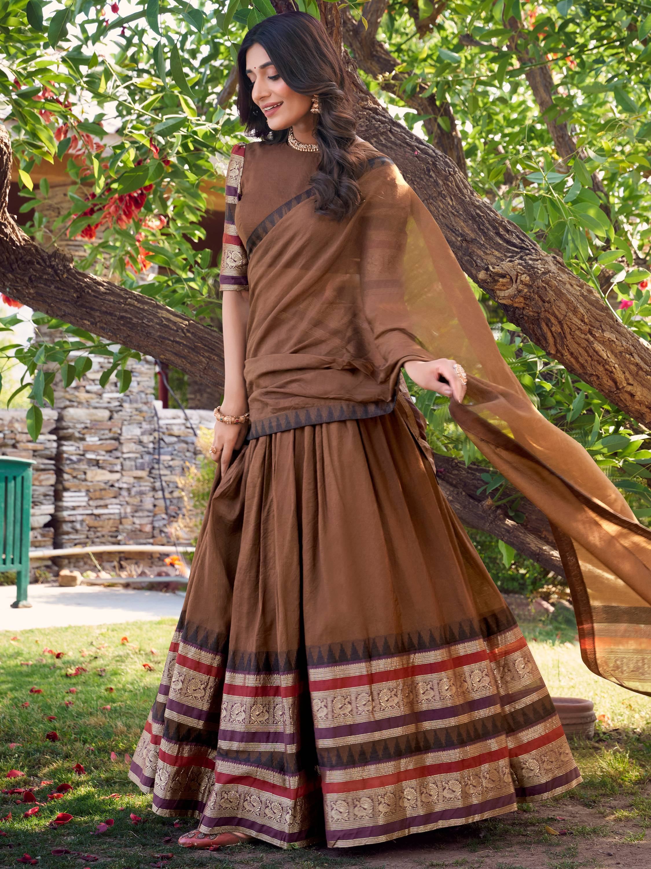 Brown Pretty Chanderi Silk Zari Weaving Wedding Wear Lehenga Choli