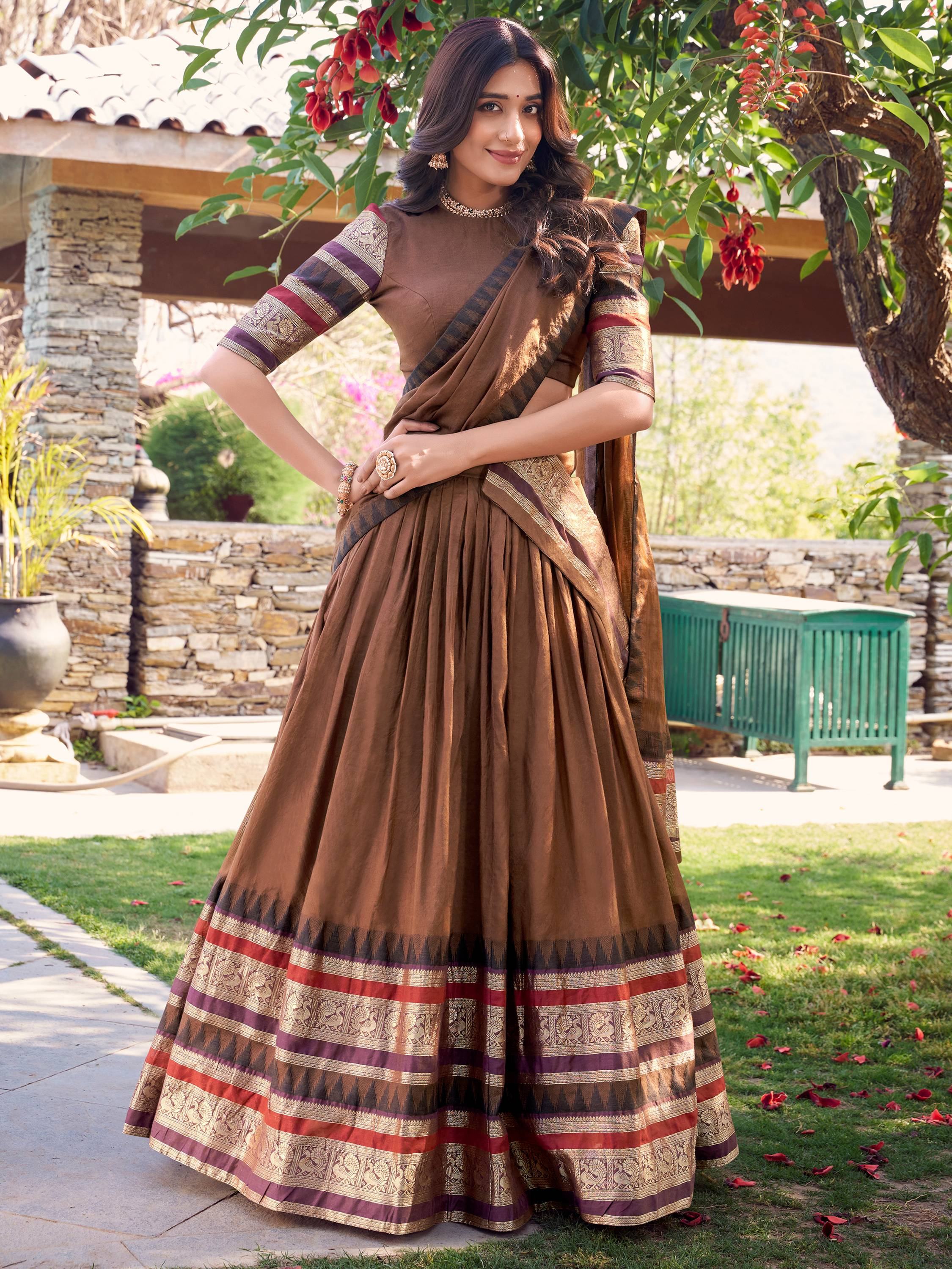 Brown Pretty Chanderi Silk Zari Weaving Wedding Wear Lehenga Choli