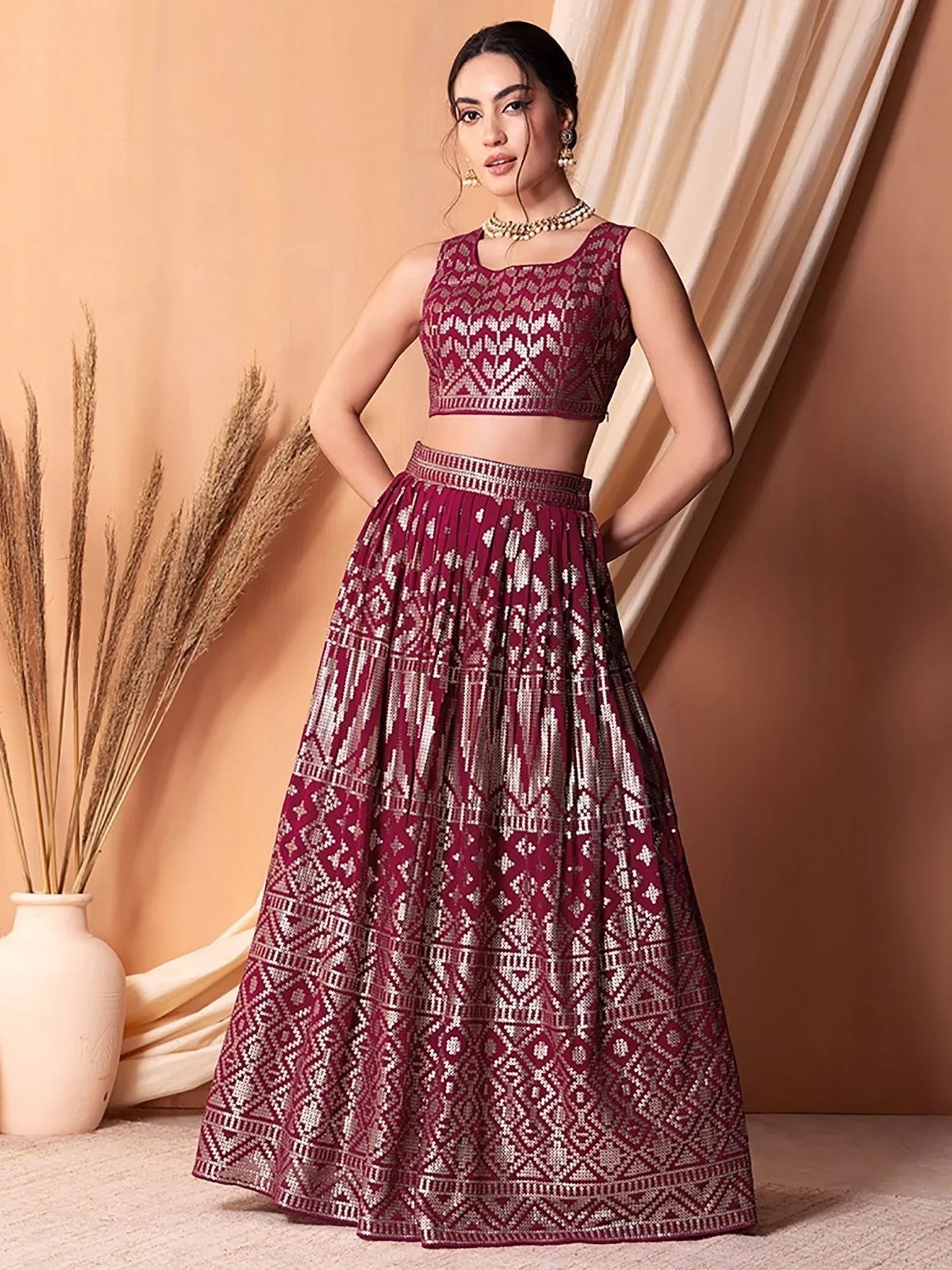 Fascinating Dark Pink Sequins Georgette Festival Wear Lehenga Choli
