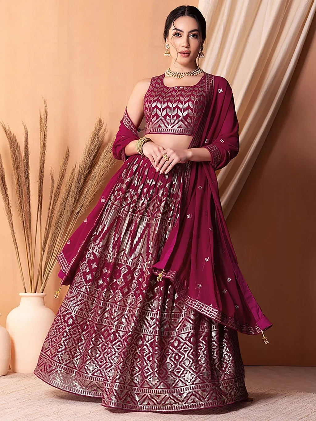 Fascinating Dark Pink Sequins Georgette Festival Wear Lehenga Choli