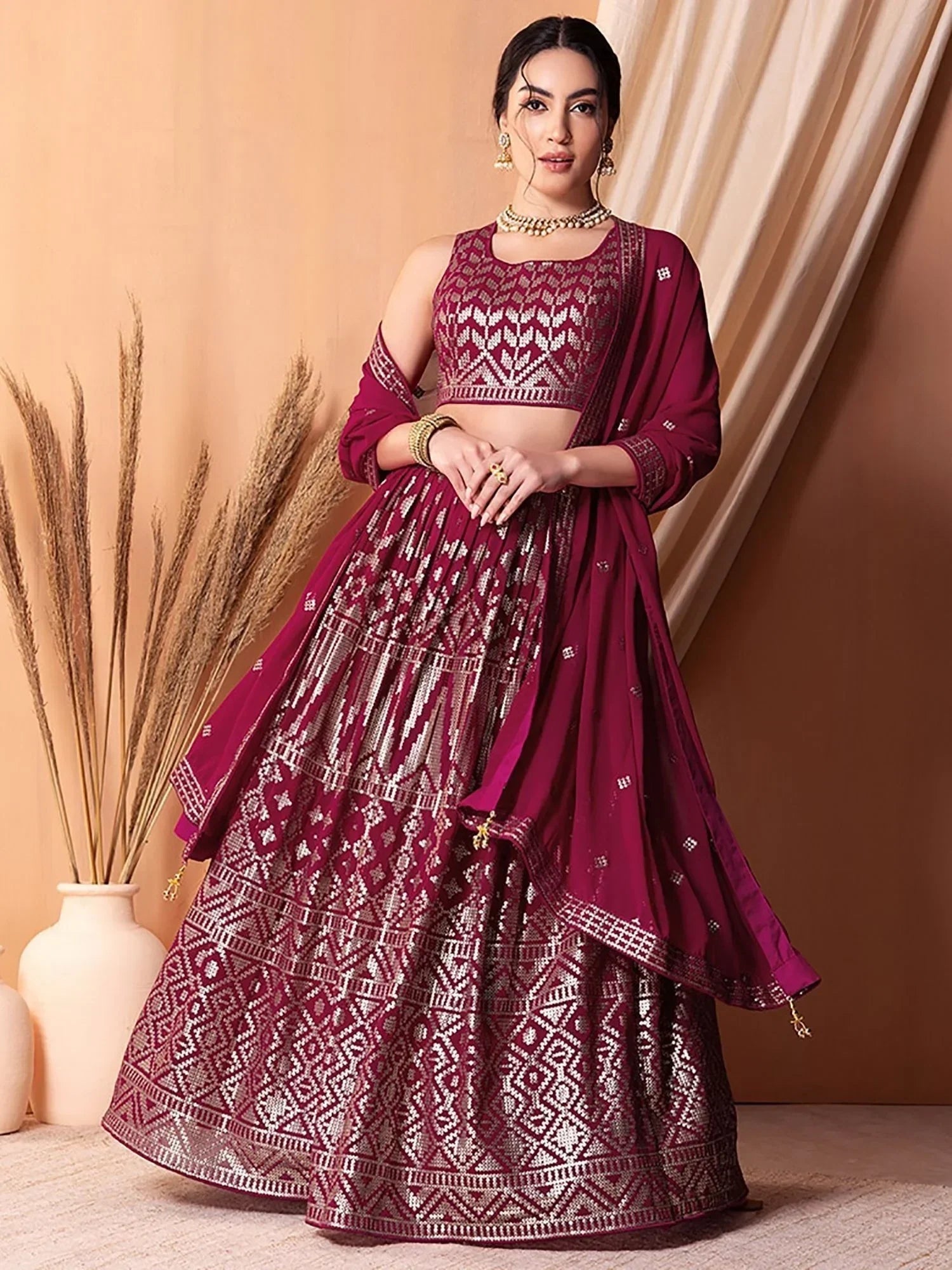 Fascinating Dark Pink Sequins Georgette Festival Wear Lehenga Choli