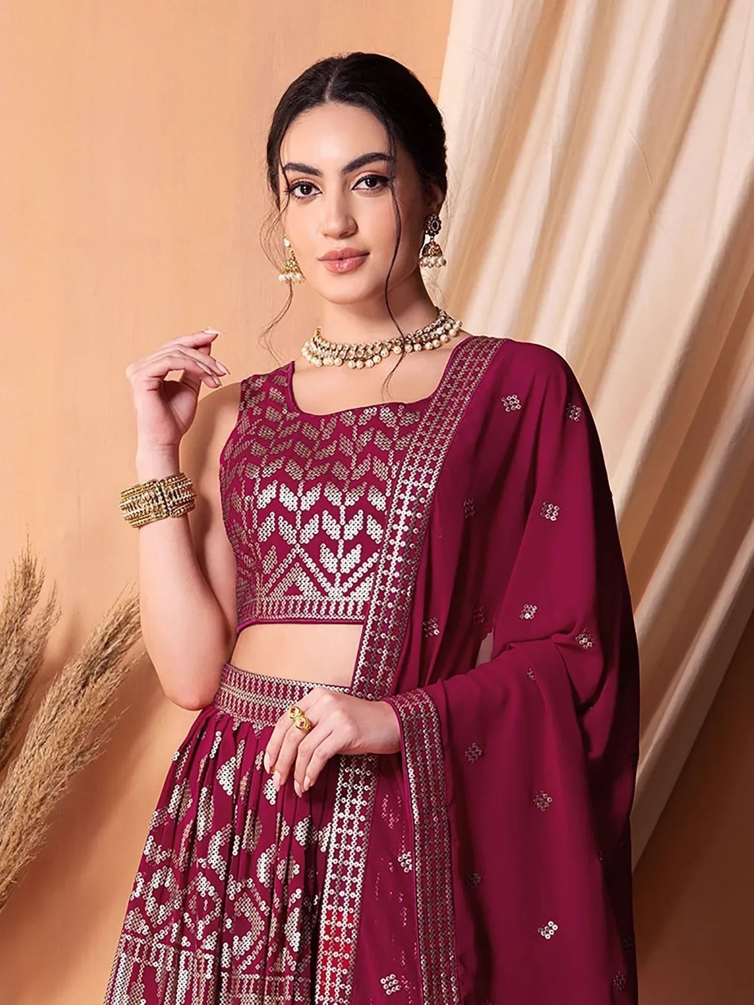 Fascinating Dark Pink Sequins Georgette Festival Wear Lehenga Choli