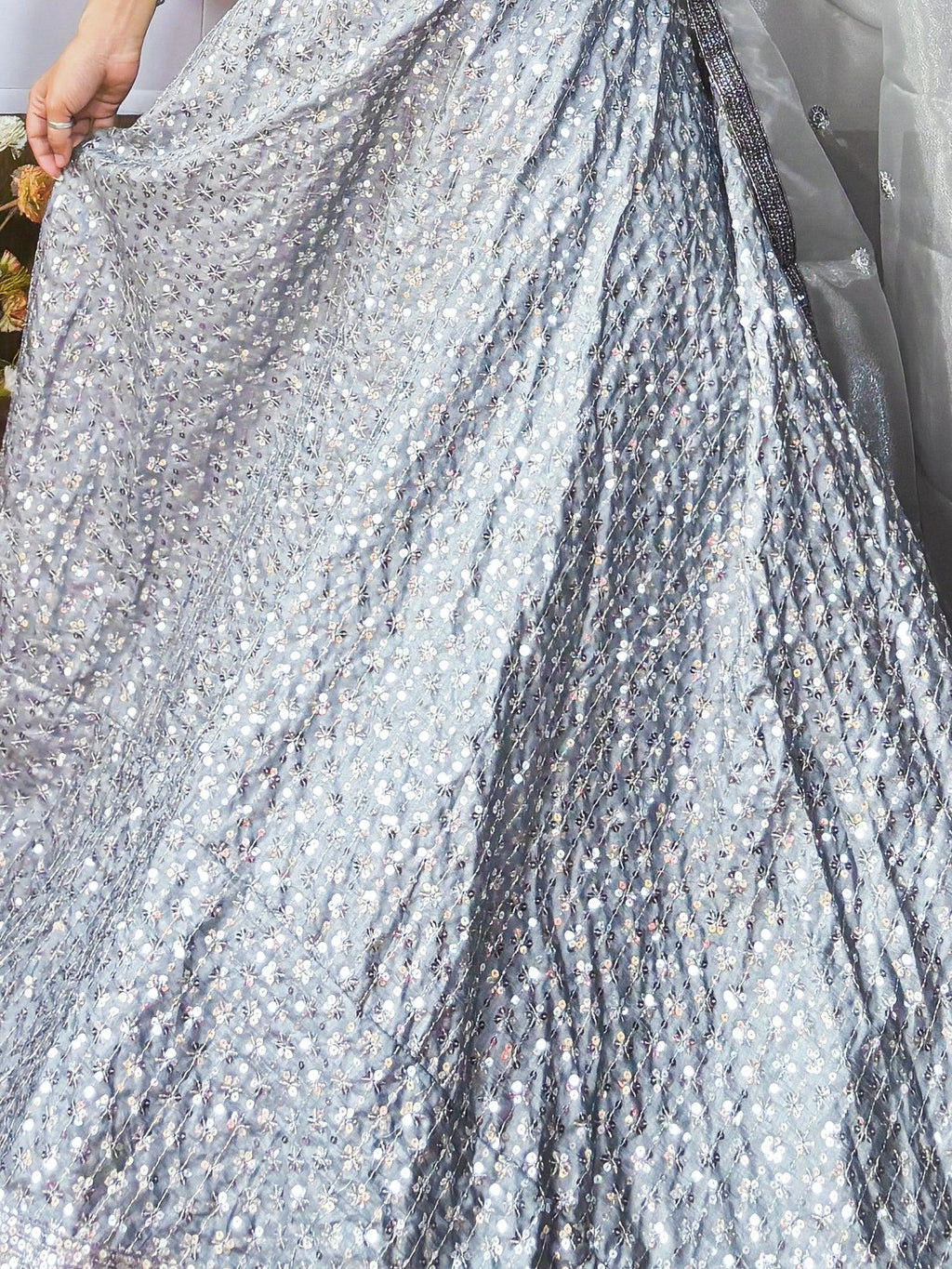 Fascinating Grey Sequins Silk Reception Wear Lehenga Choli