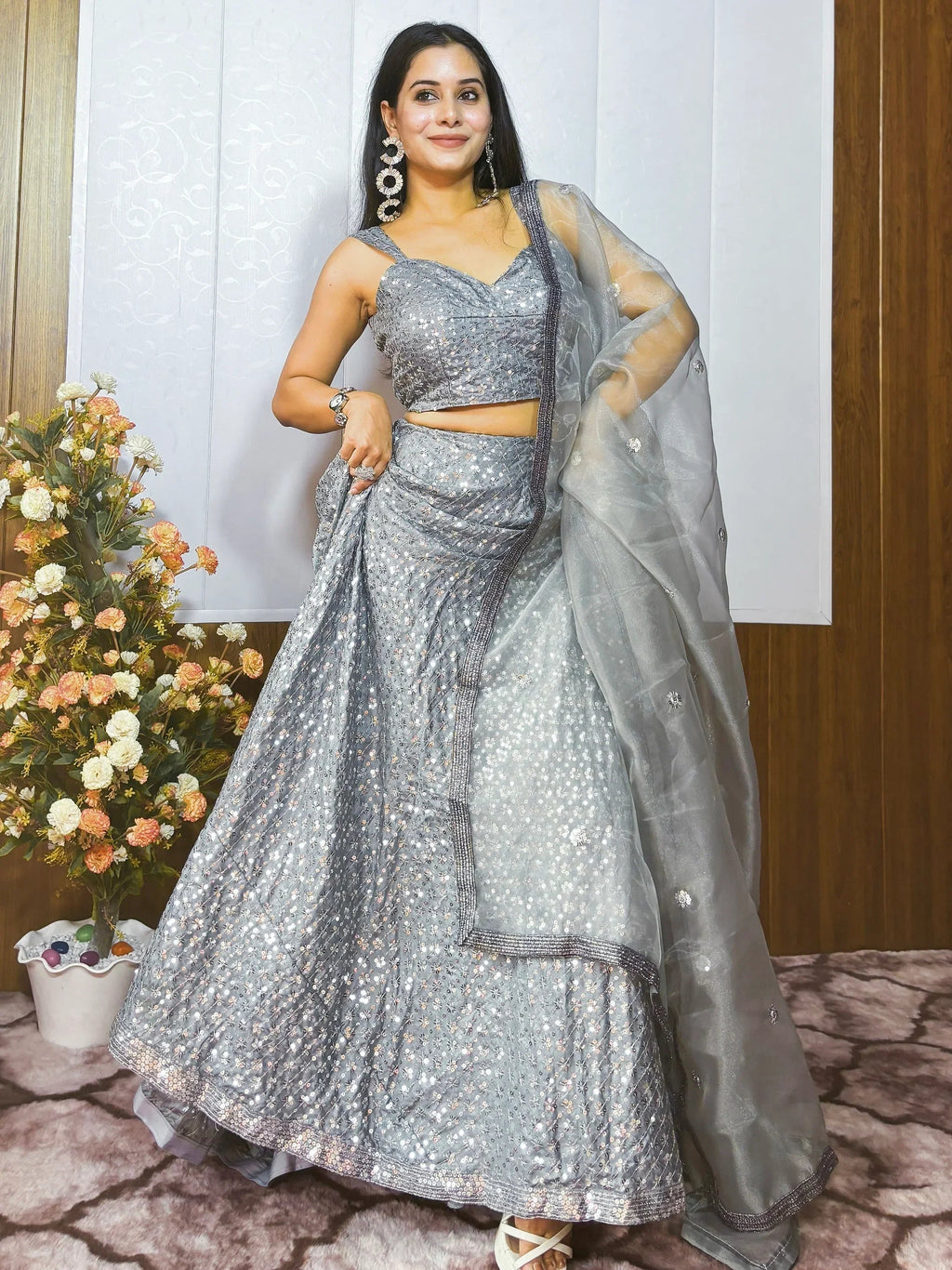 Fascinating Grey Sequins Silk Reception Wear Lehenga Choli