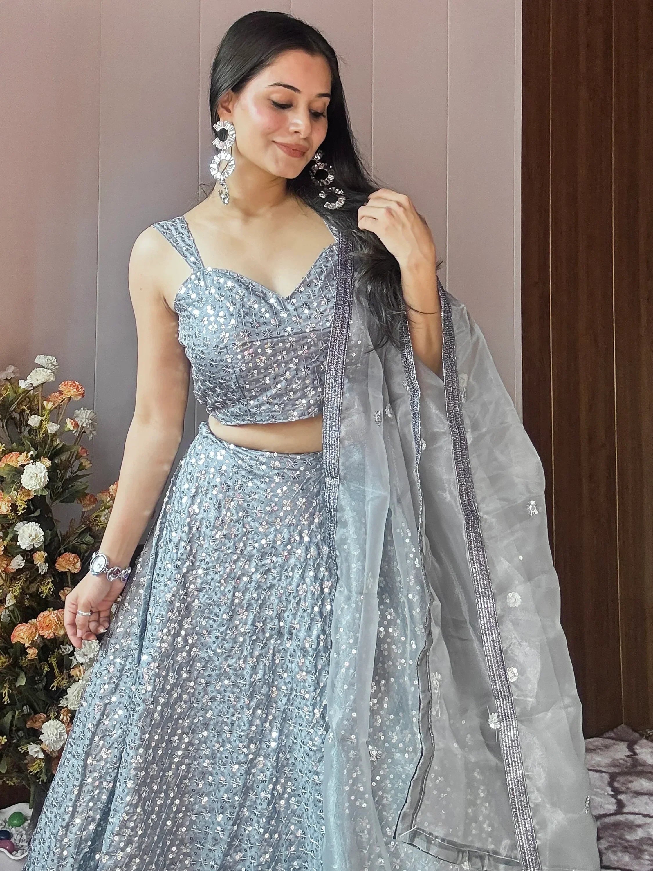 Fascinating Grey Sequins Silk Reception Wear Lehenga Choli