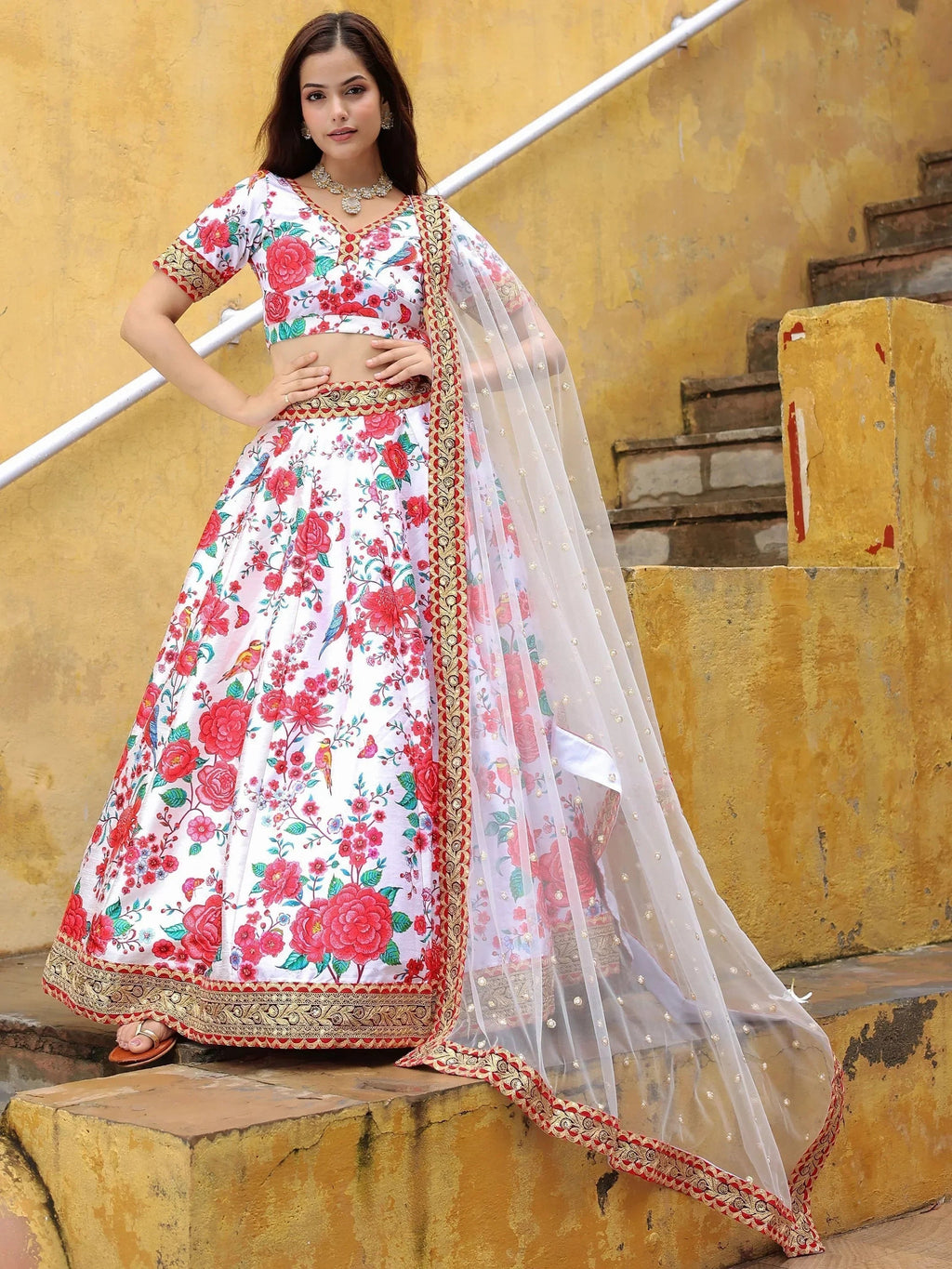 Fascinating Off White Floral Printed Art Silk Event Wear Lehenga Choli