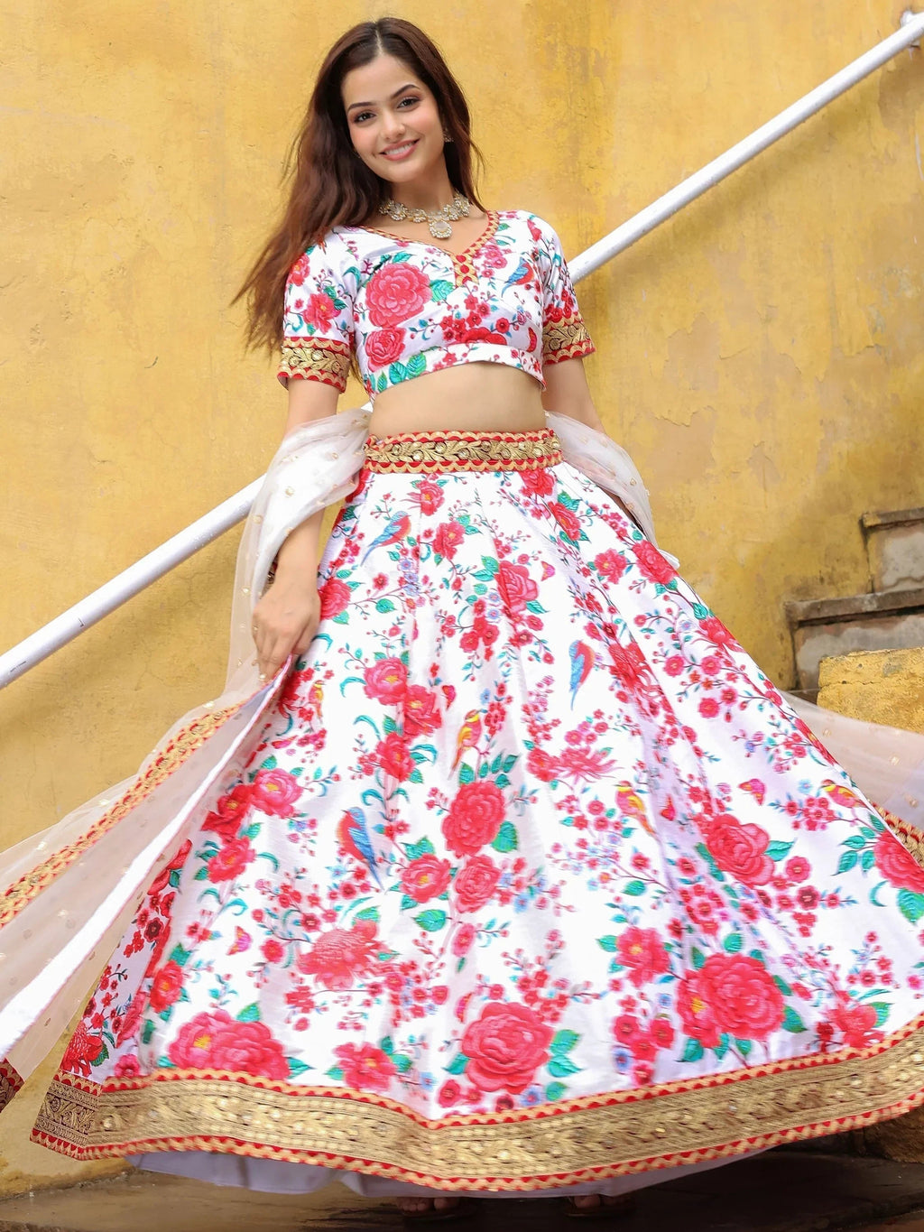 Fascinating Off White Floral Printed Art Silk Event Wear Lehenga Choli