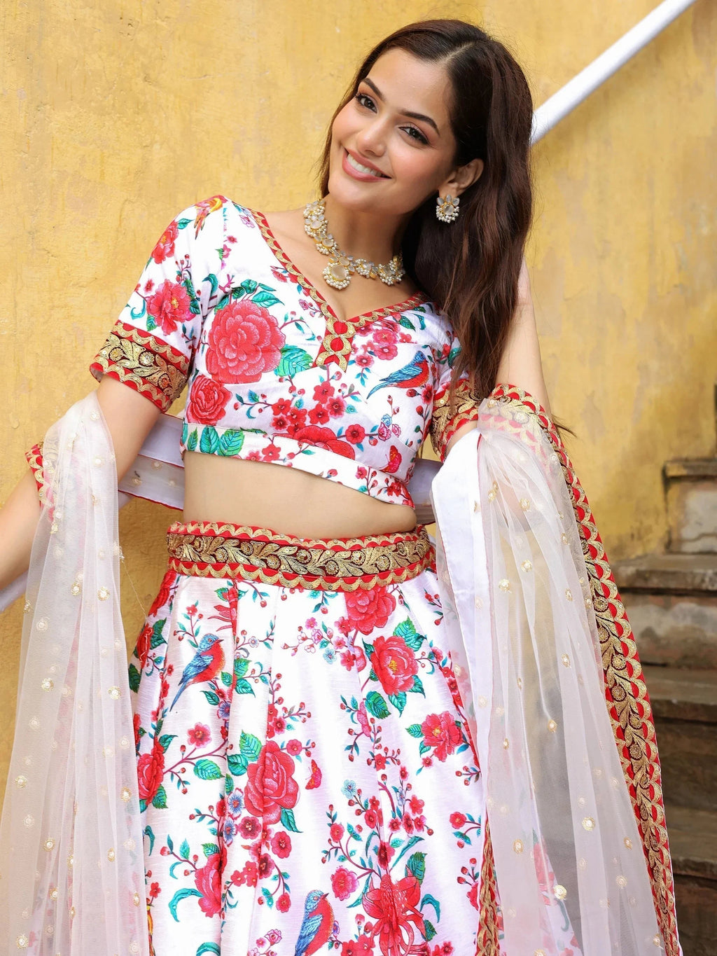 Fascinating Off White Floral Printed Art Silk Event Wear Lehenga Choli