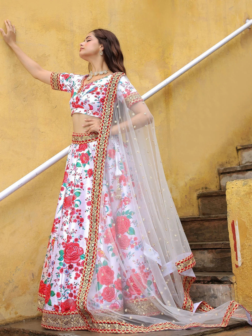Fascinating Off White Floral Printed Art Silk Event Wear Lehenga Choli