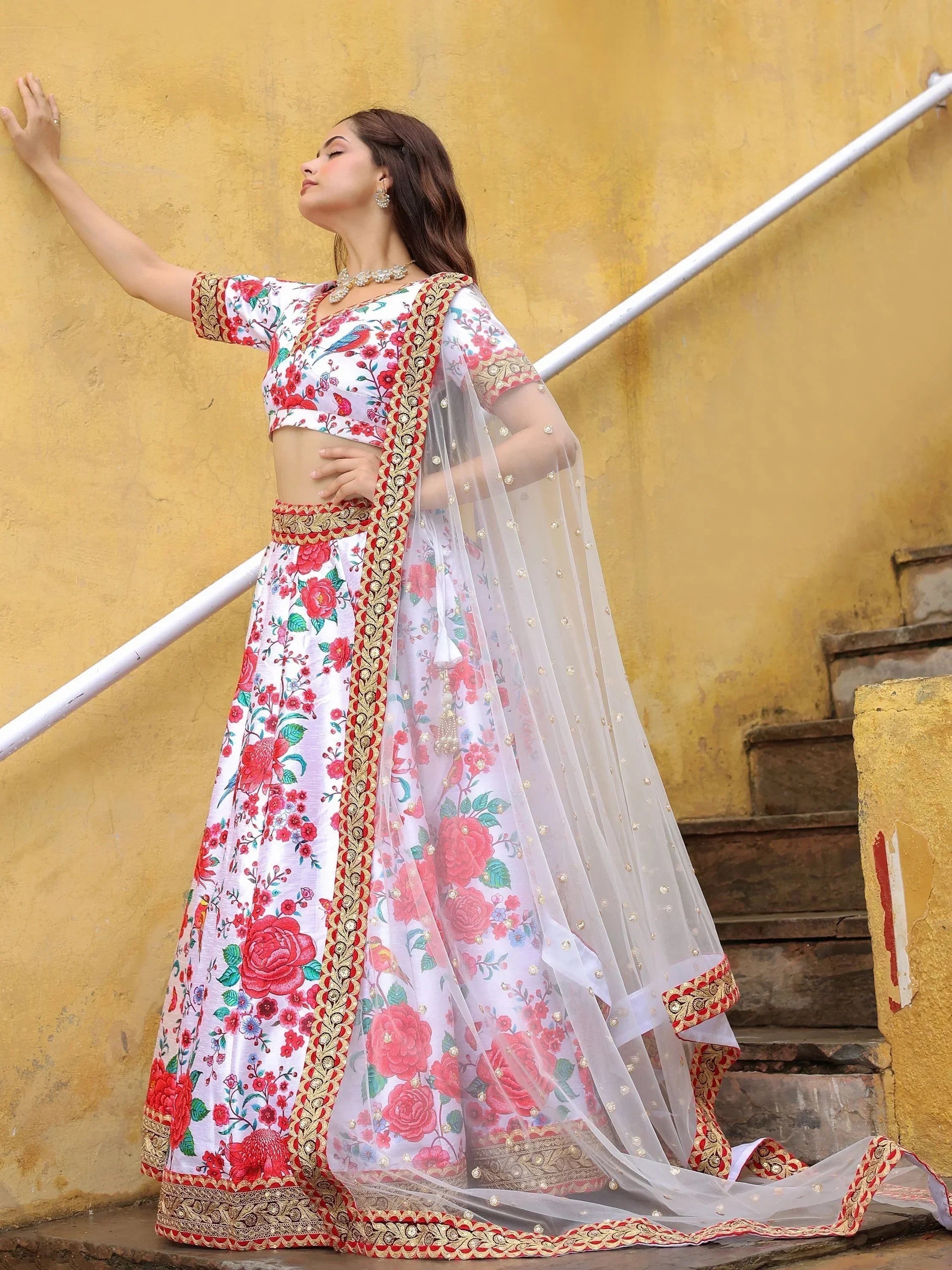 Fascinating Off White Floral Printed Art Silk Event Wear Lehenga Choli