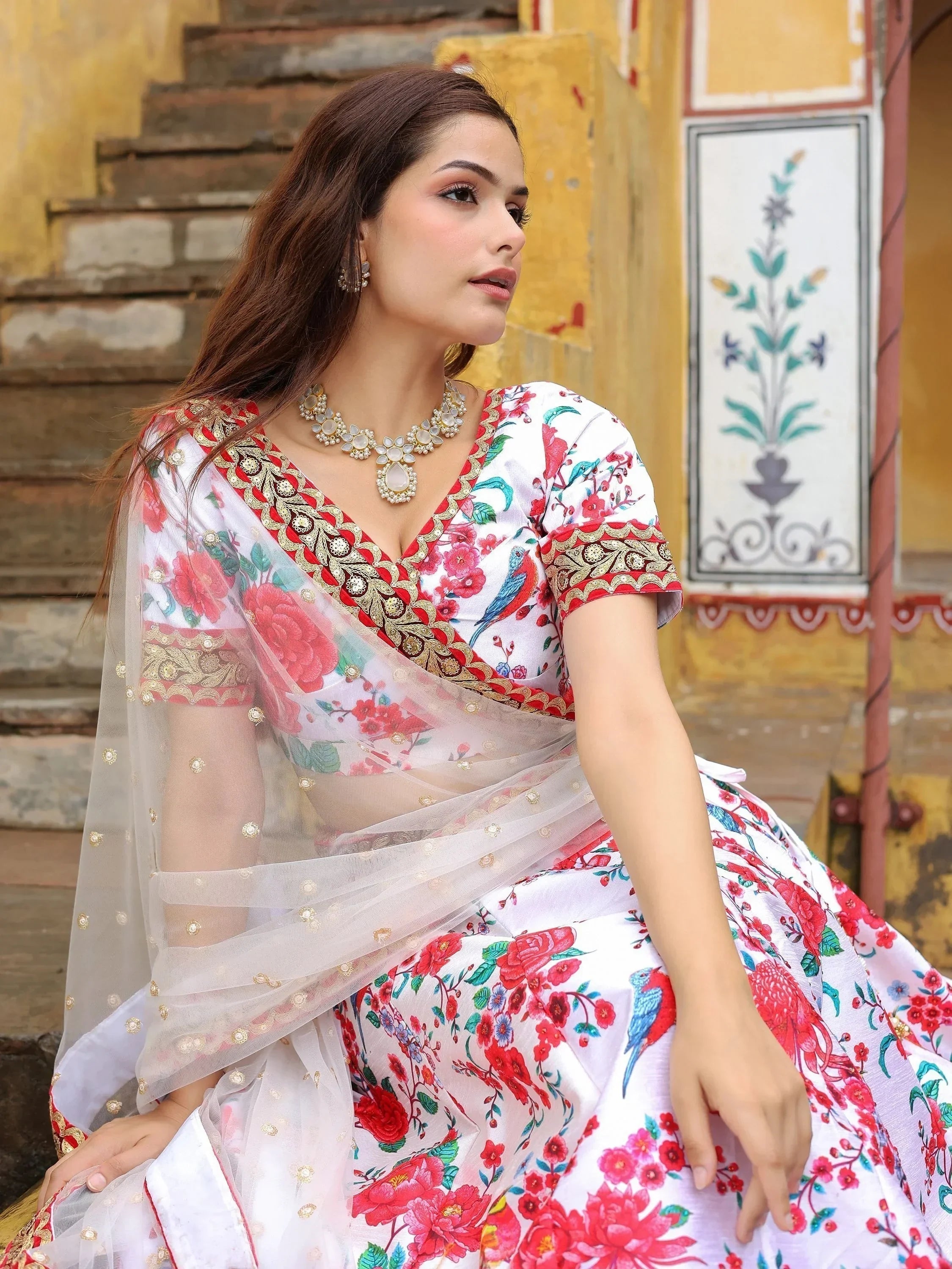 Fascinating Off White Floral Printed Art Silk Event Wear Lehenga Choli