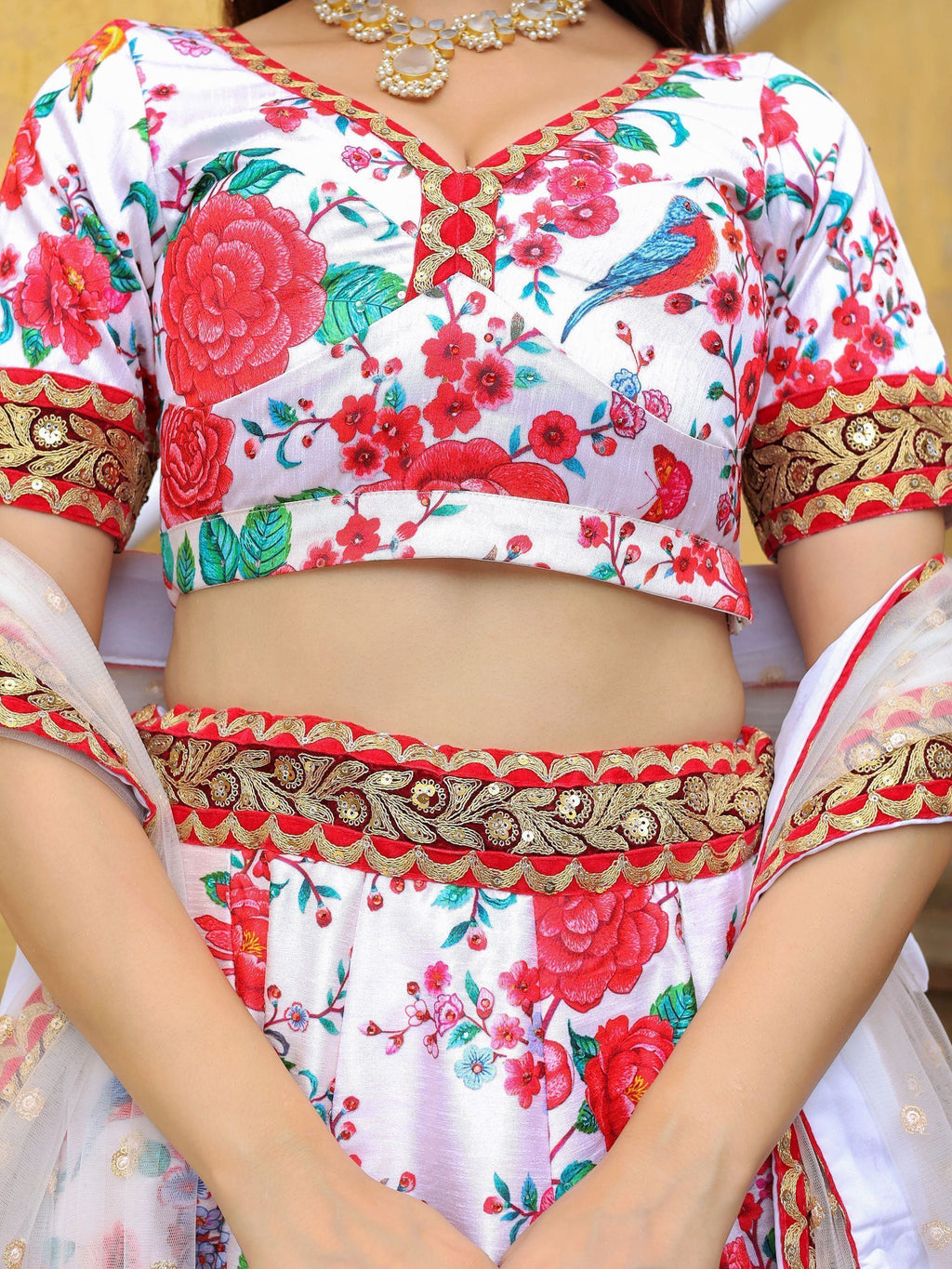 Fascinating Off White Floral Printed Art Silk Event Wear Lehenga Choli