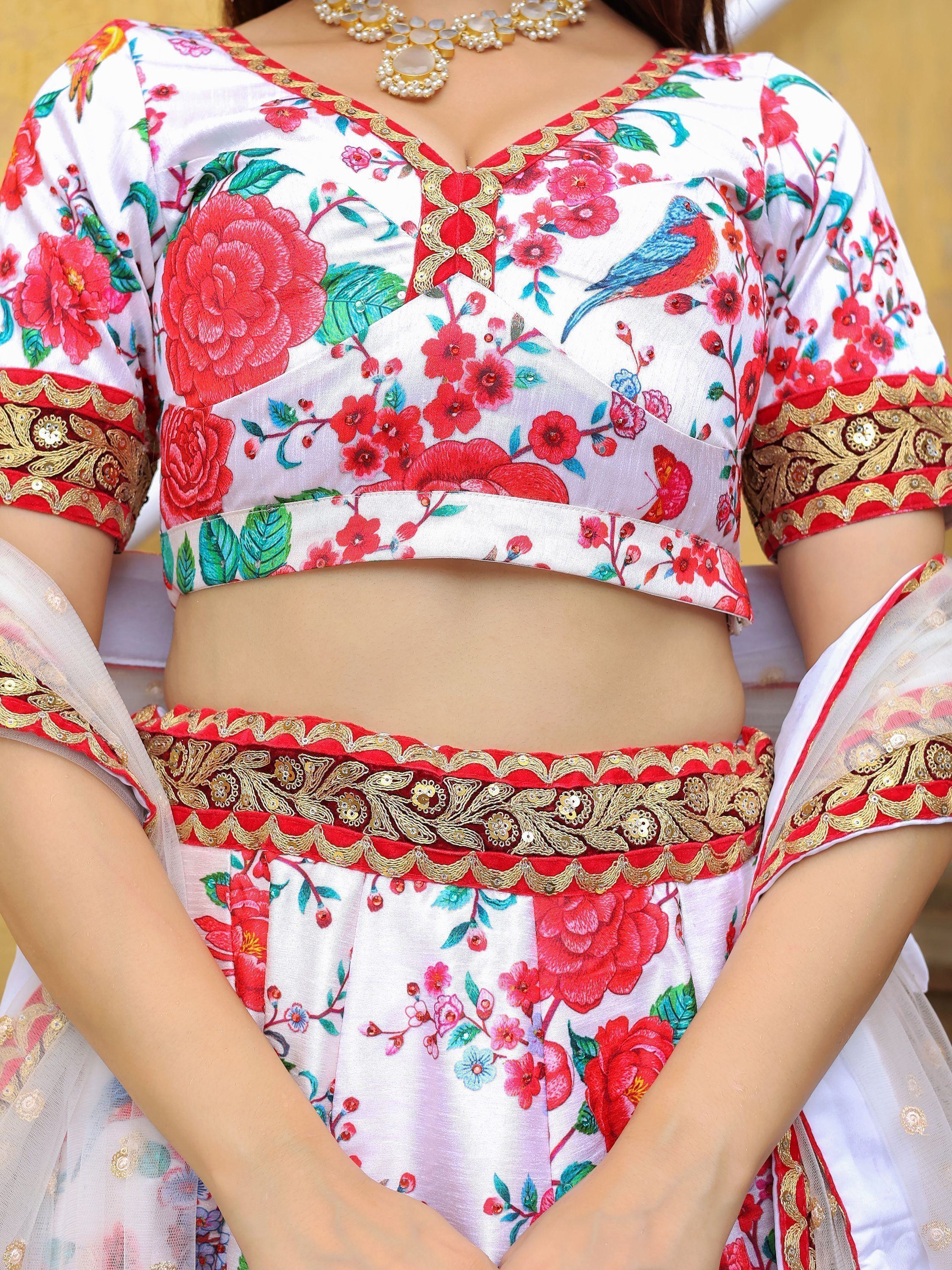 Fascinating Off White Floral Printed Art Silk Event Wear Lehenga Choli