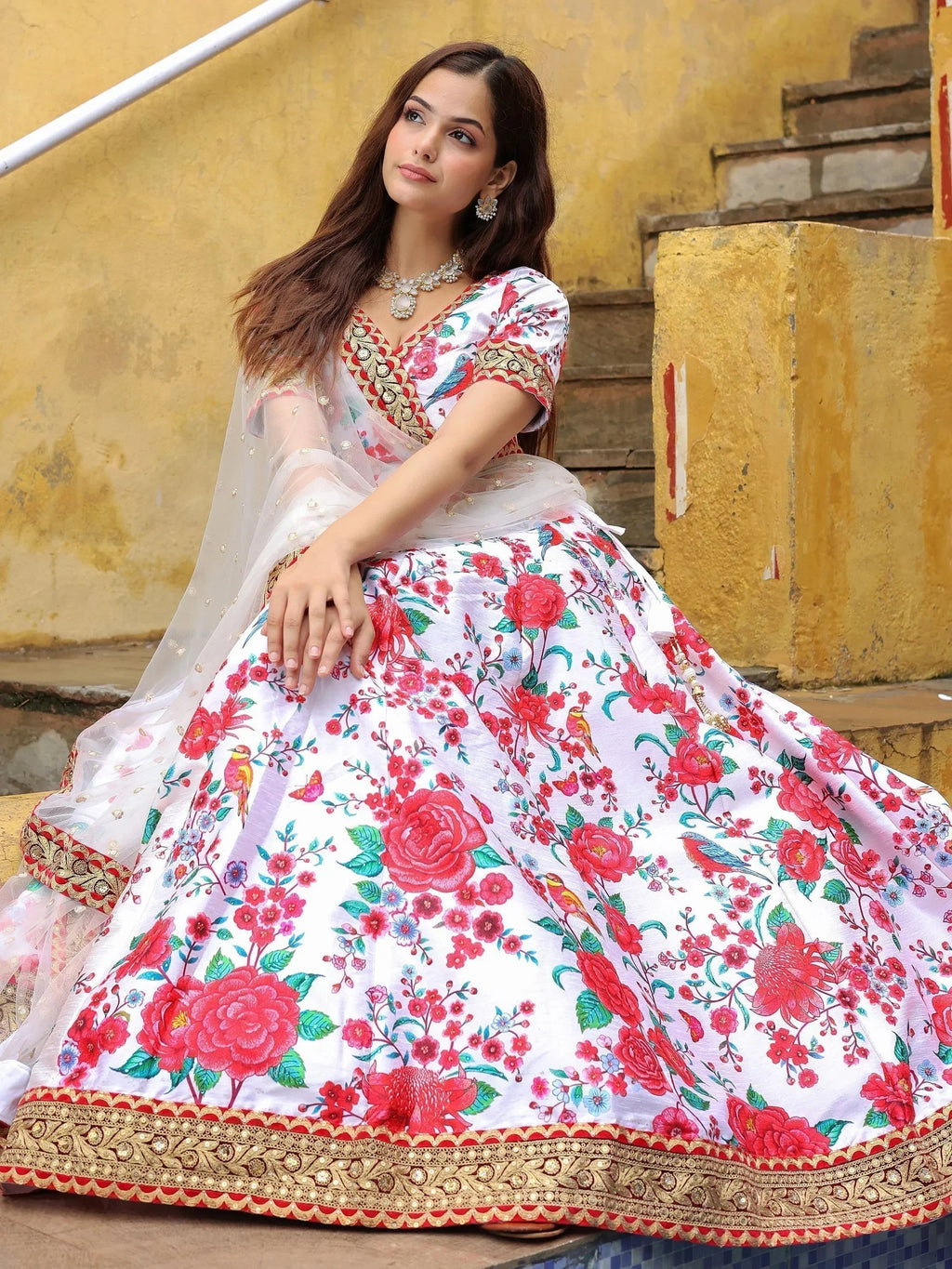 Fascinating Off White Floral Printed Art Silk Event Wear Lehenga Choli