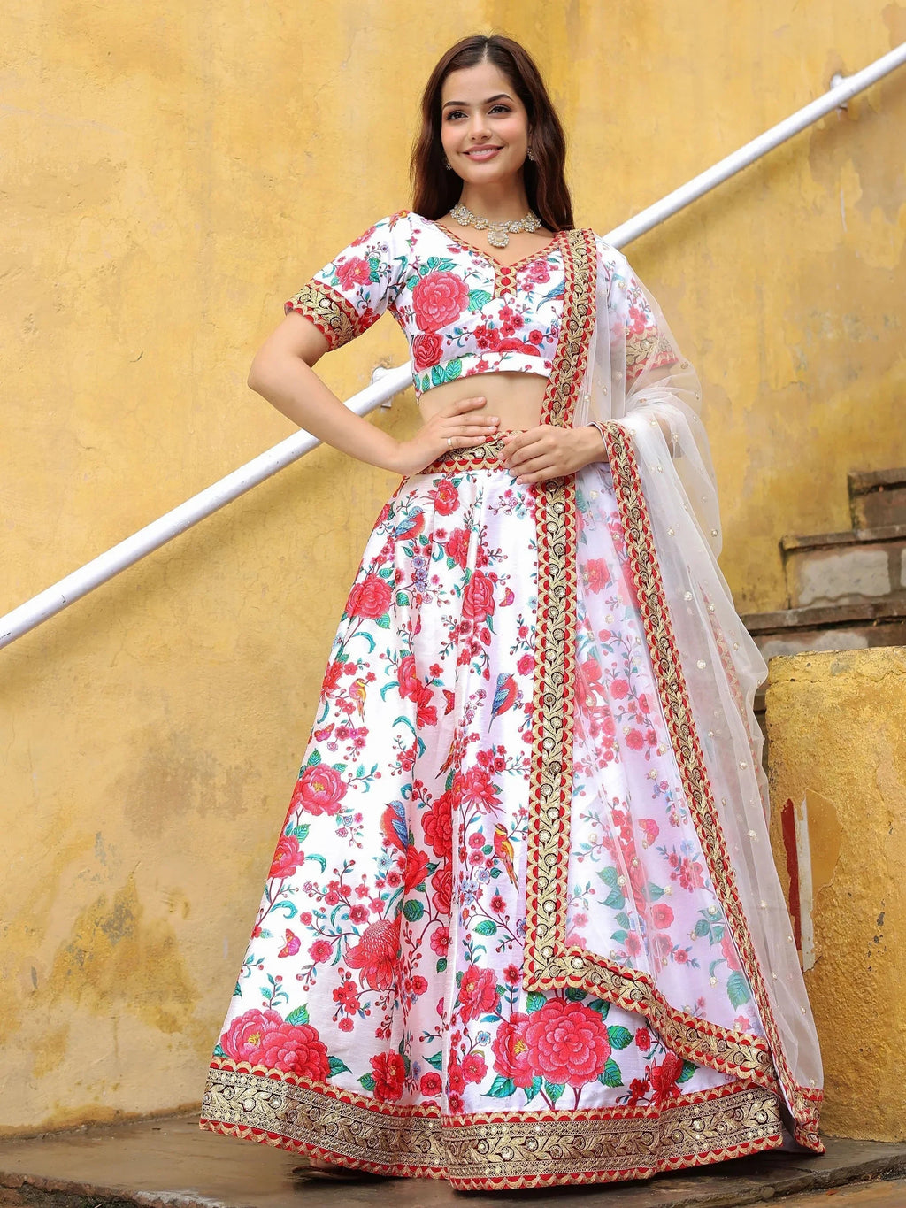 Fascinating Off White Floral Printed Art Silk Event Wear Lehenga Choli