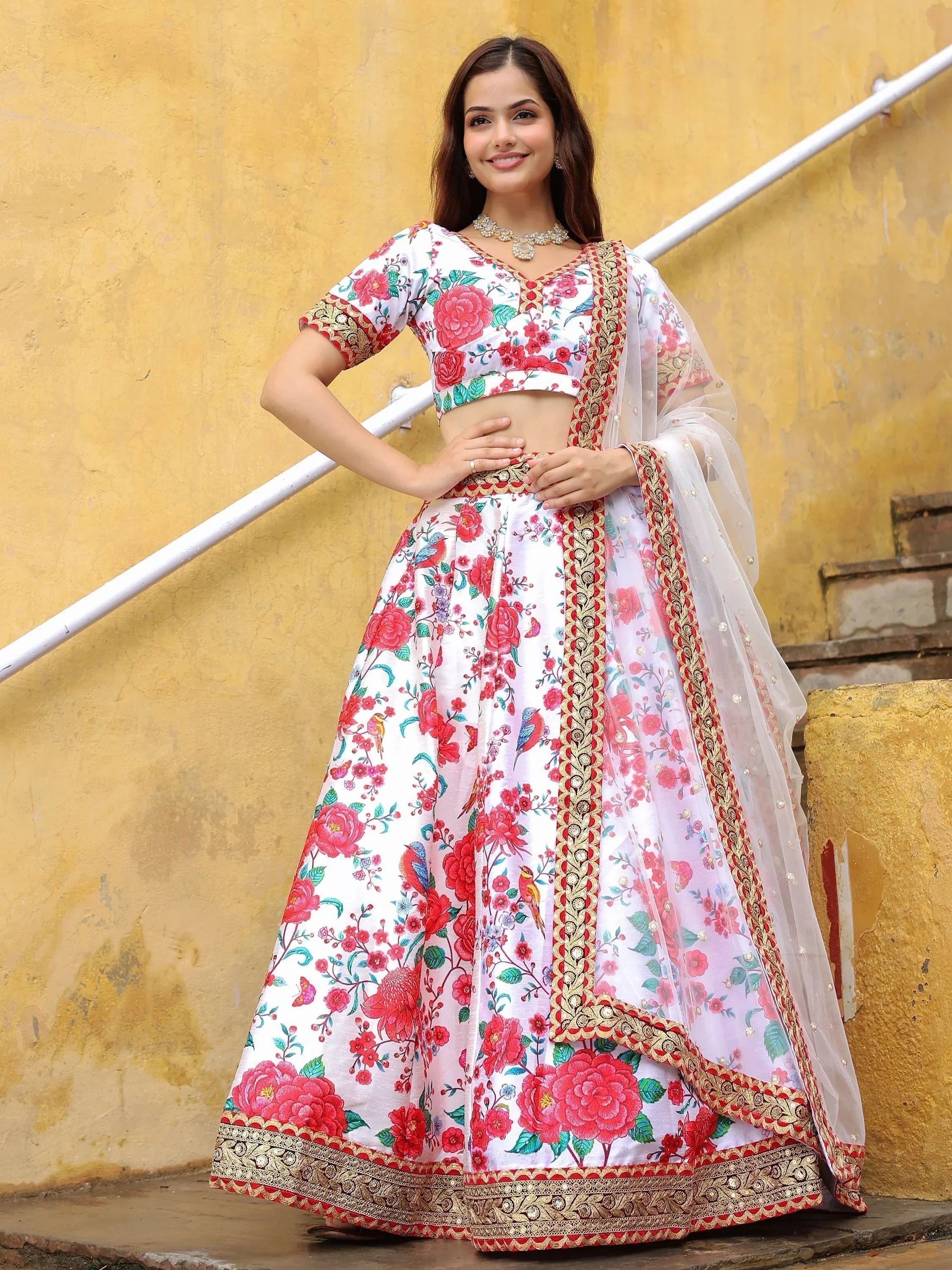 Fascinating Off White Floral Printed Art Silk Event Wear Lehenga Choli