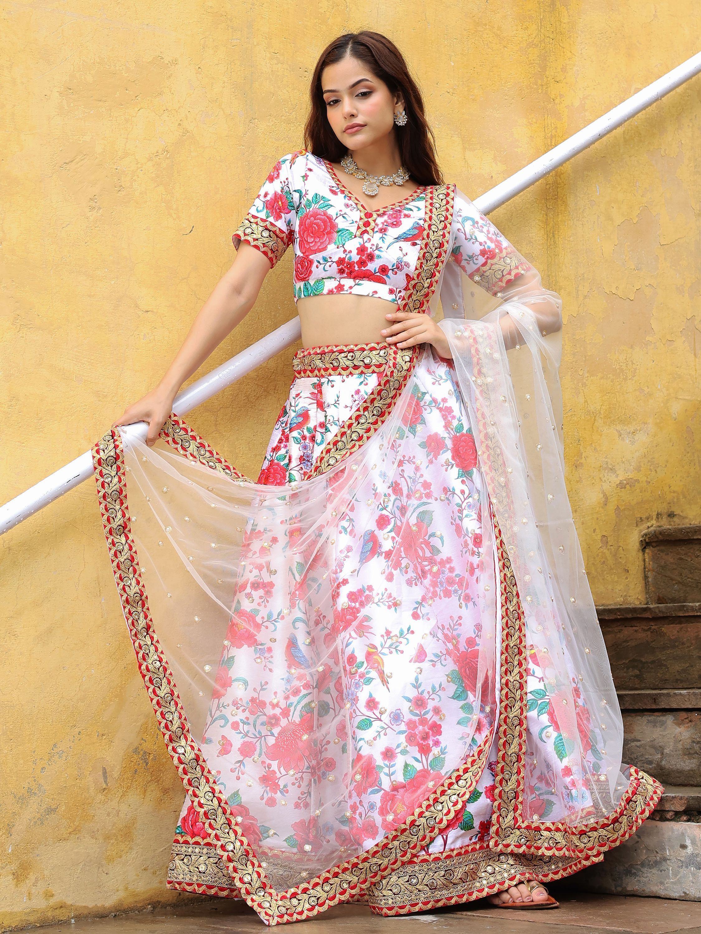 Fascinating Off White Floral Printed Art Silk Event Wear Lehenga Choli