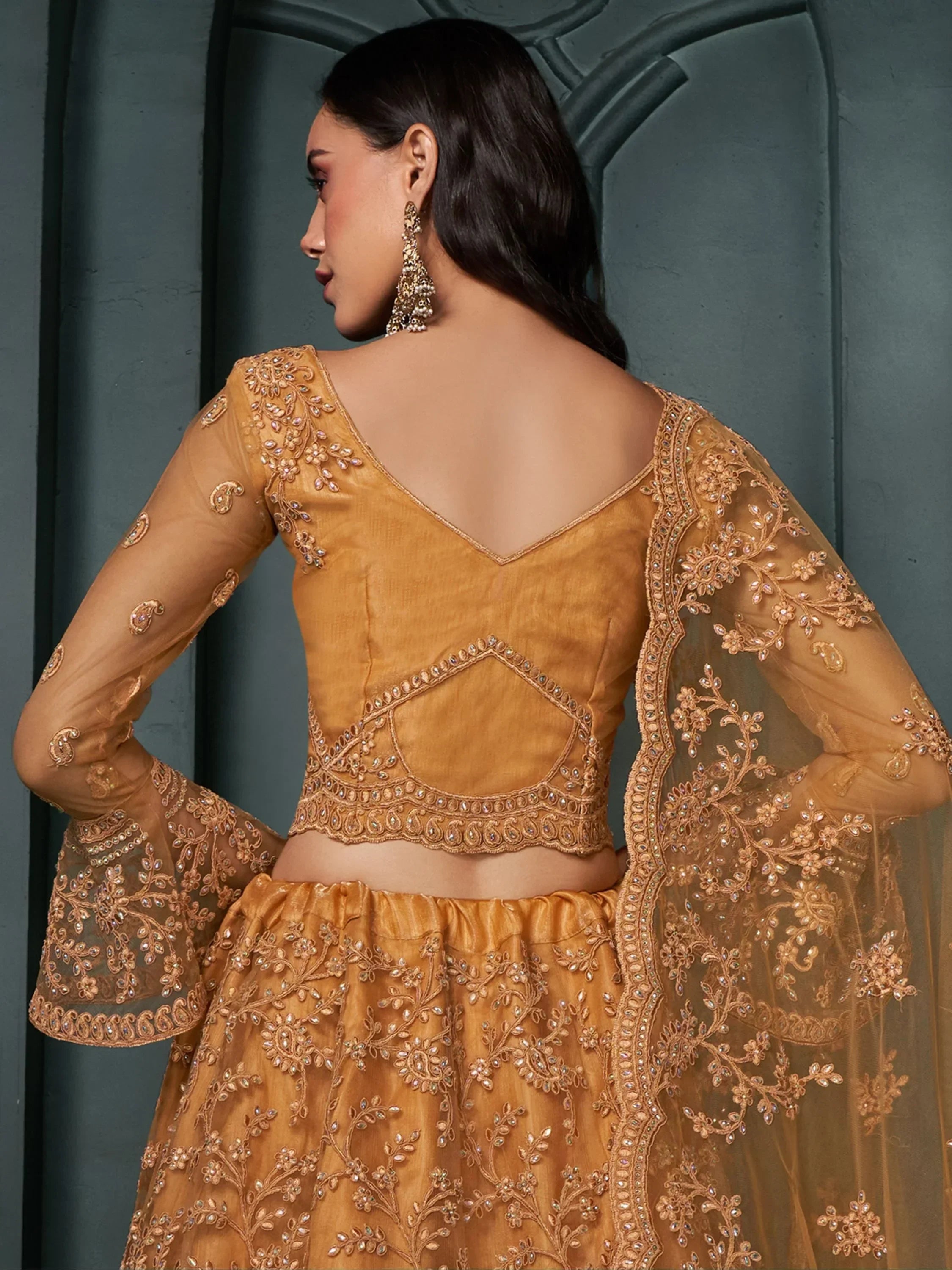 Fascinating Orange Embroidered Net Bridesmaid Lehenga Choli With Dupatta