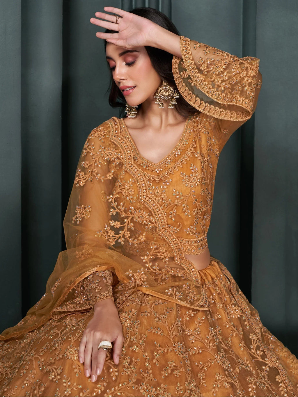 Fascinating Orange Embroidered Net Bridesmaid Lehenga Choli With Dupatta