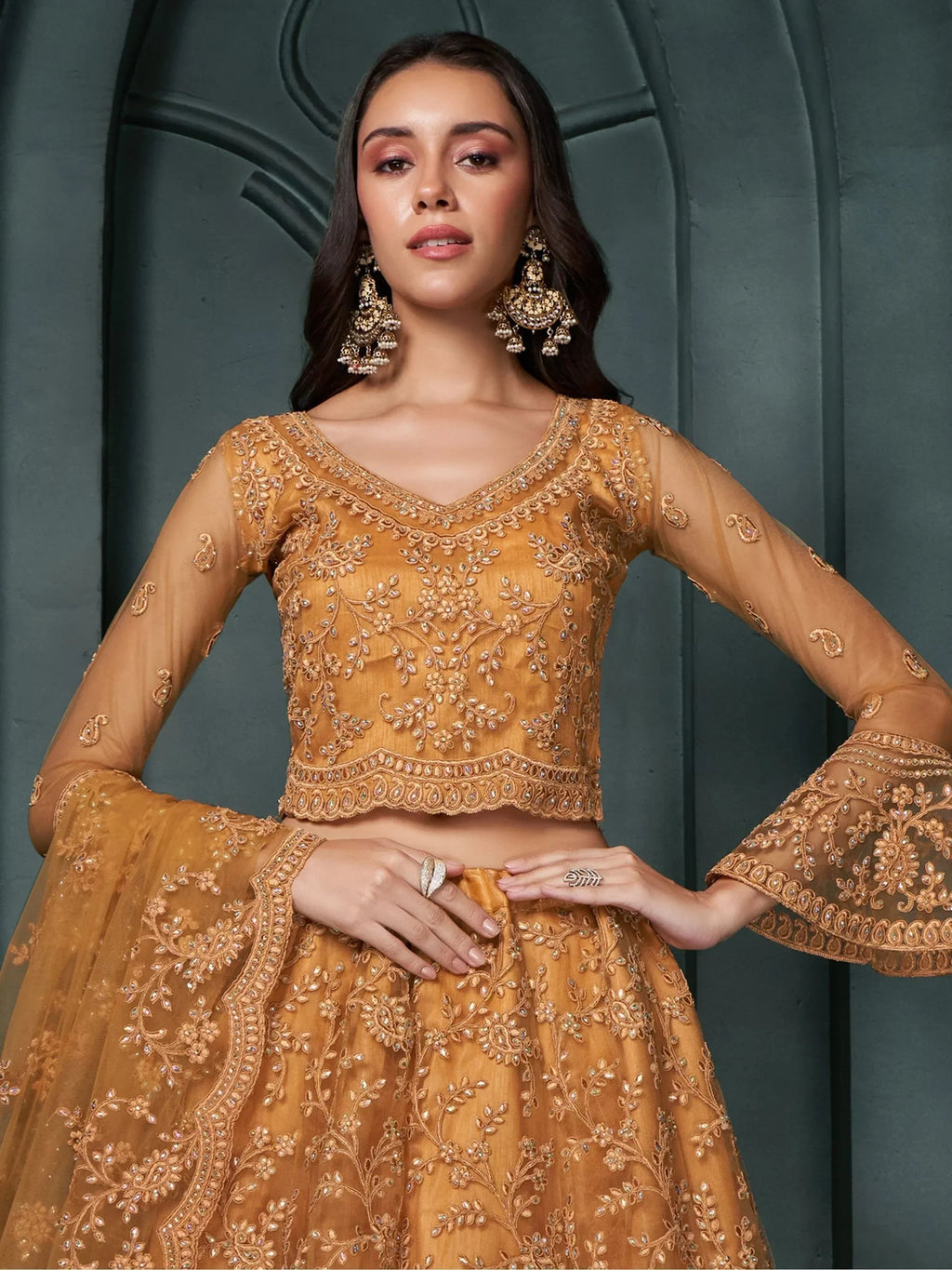 Fascinating Orange Embroidered Net Bridesmaid Lehenga Choli With Dupatta