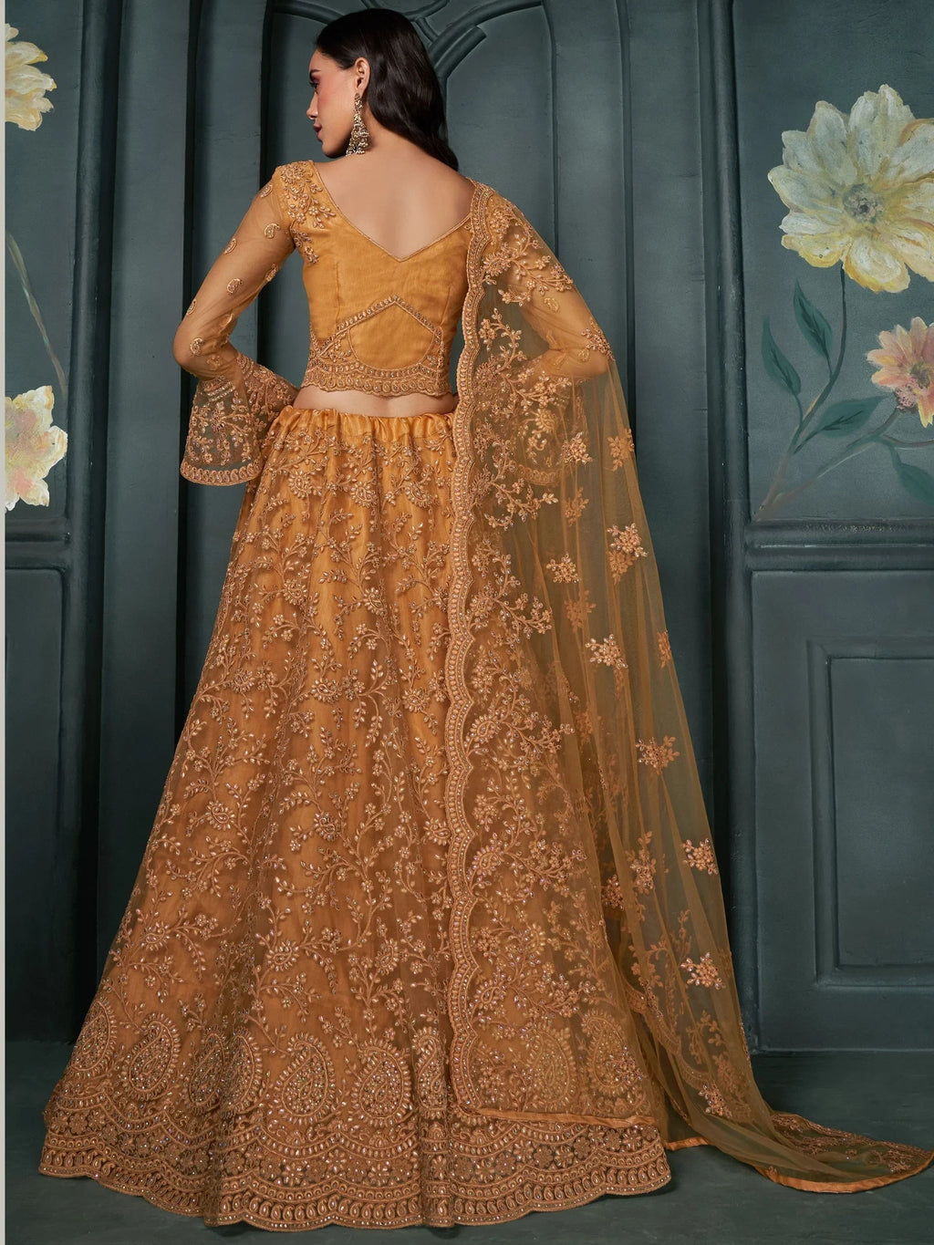 Fascinating Orange Embroidered Net Bridesmaid Lehenga Choli With Dupatta