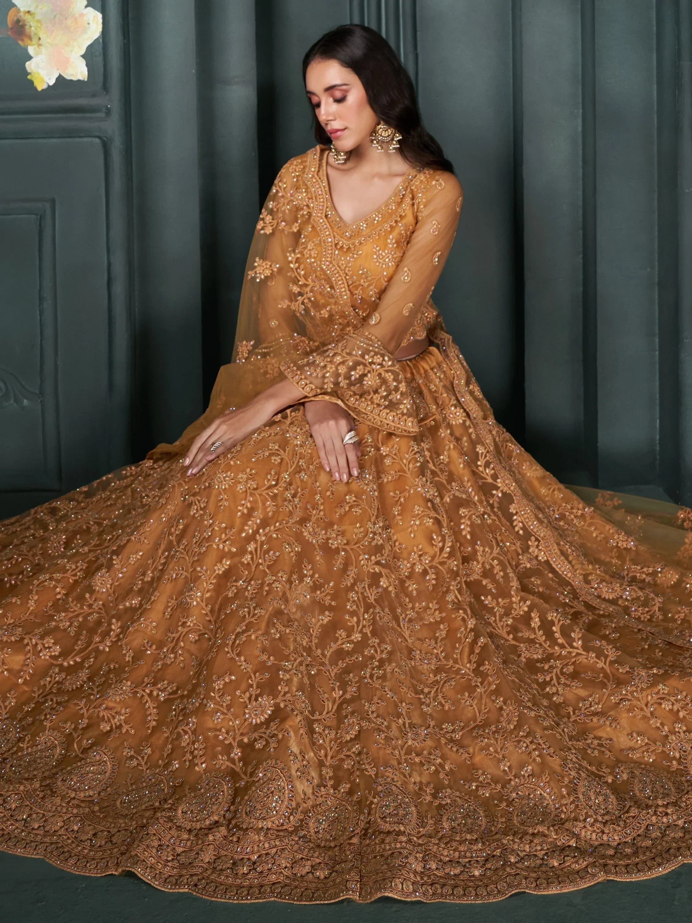 Fascinating Orange Embroidered Net Bridesmaid Lehenga Choli With Dupatta