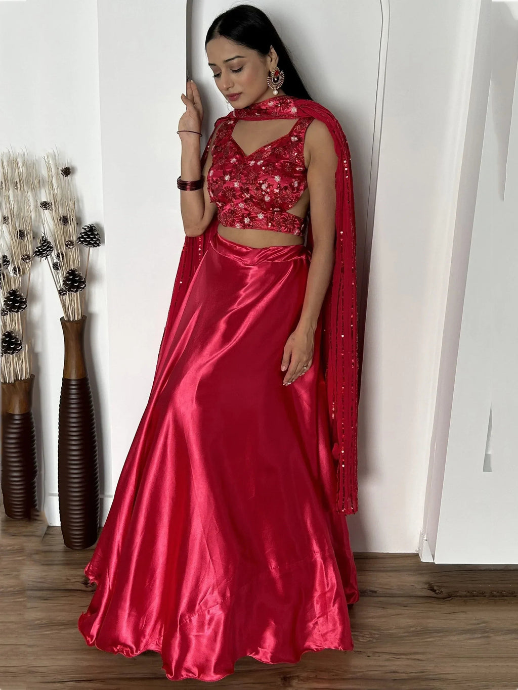 Fascinating Pink Satin Cocktail Party Wear Lehenga Choli With Dupatta