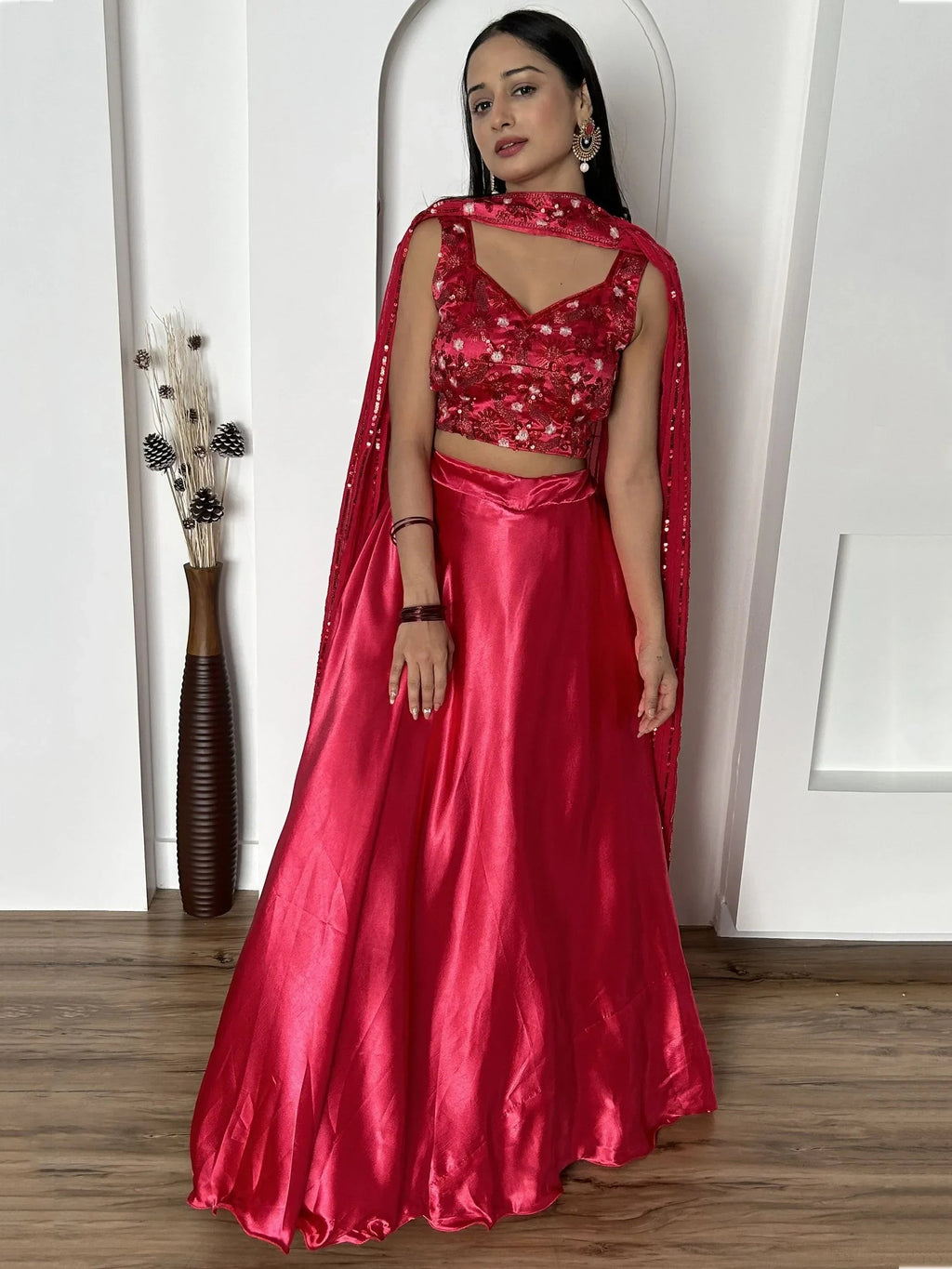 Fascinating Pink Satin Cocktail Party Wear Lehenga Choli With Dupatta