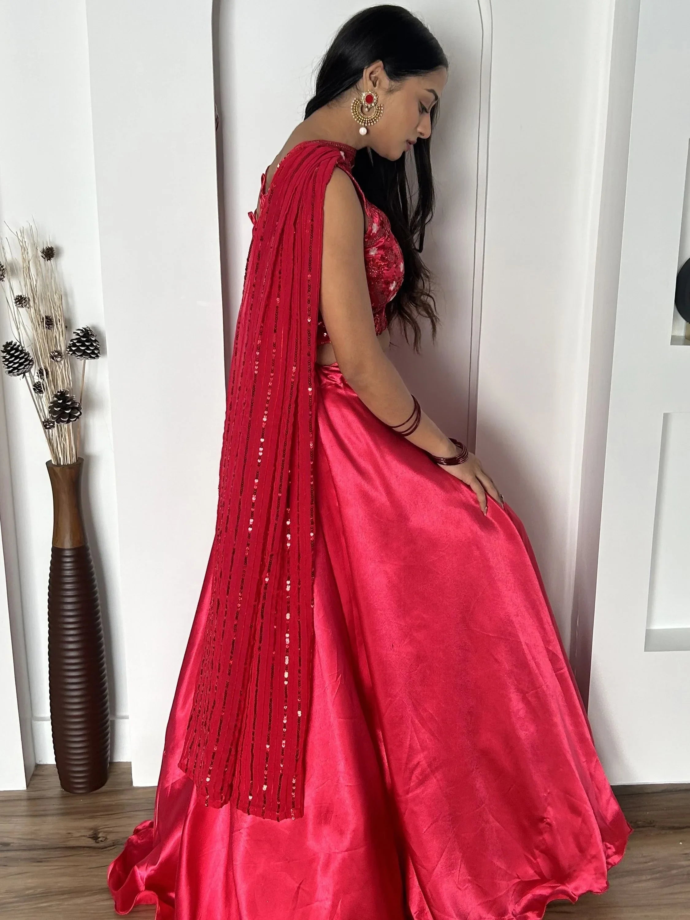 Fascinating Pink Satin Cocktail Party Wear Lehenga Choli With Dupatta