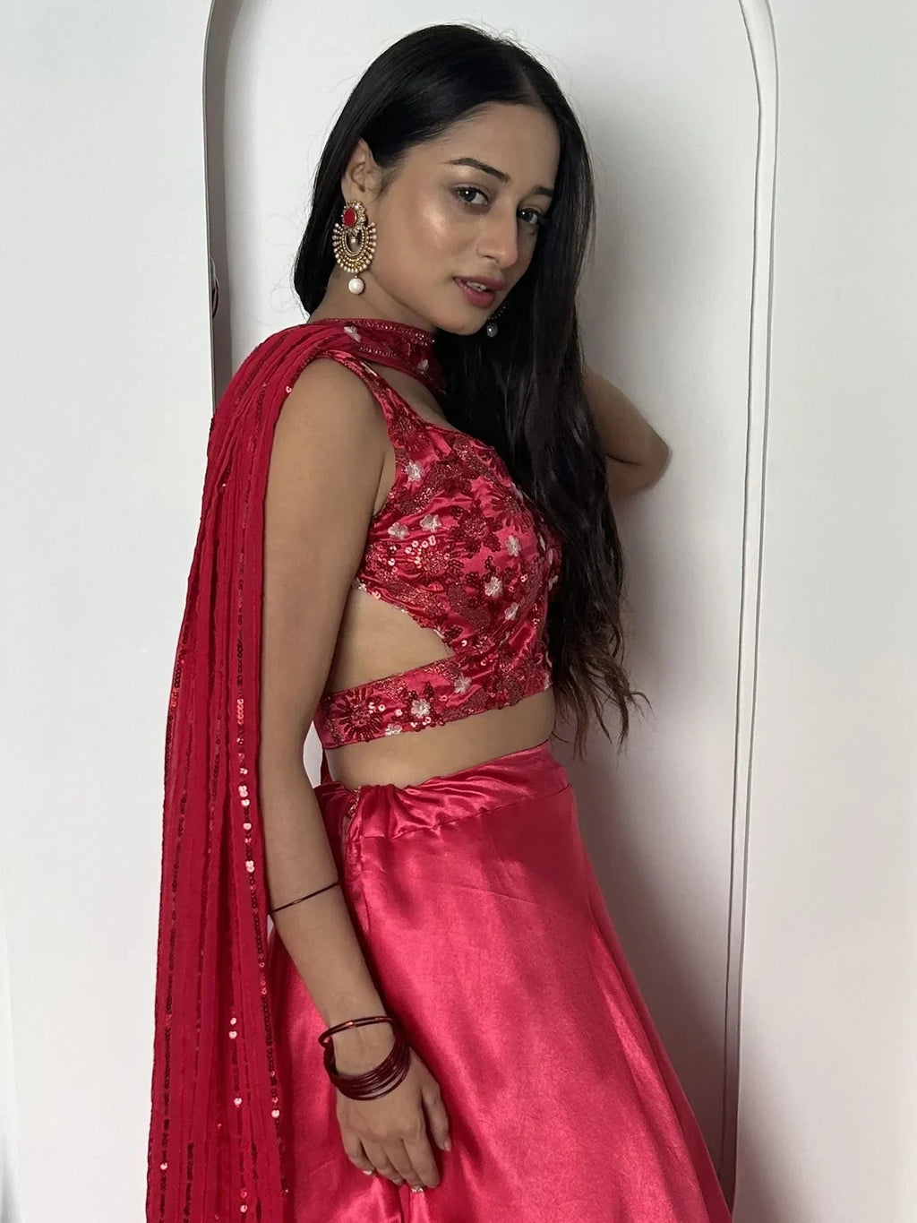 Fascinating Pink Satin Cocktail Party Wear Lehenga Choli With Dupatta